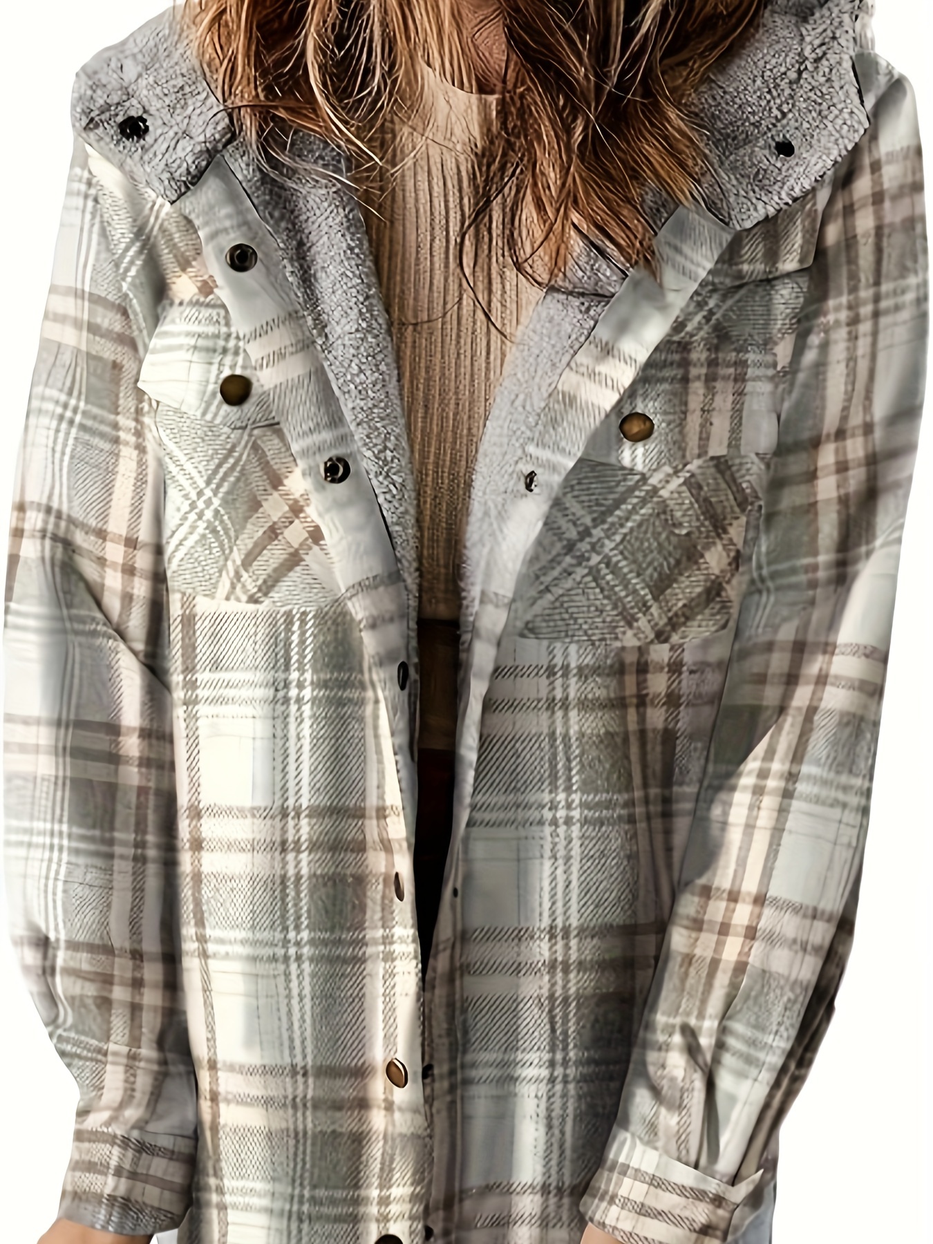 plaid pattern zip up jacket casual hooded long sleeve warm outwear womens clothing details 30