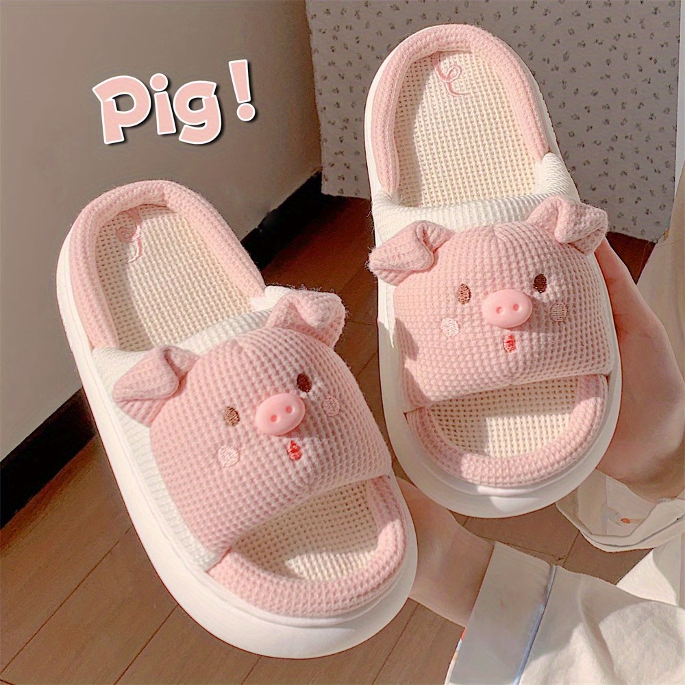 cute cartoon pig slippers open toe memory foam slip on indoor shoes comfort platform linen slippers details 0