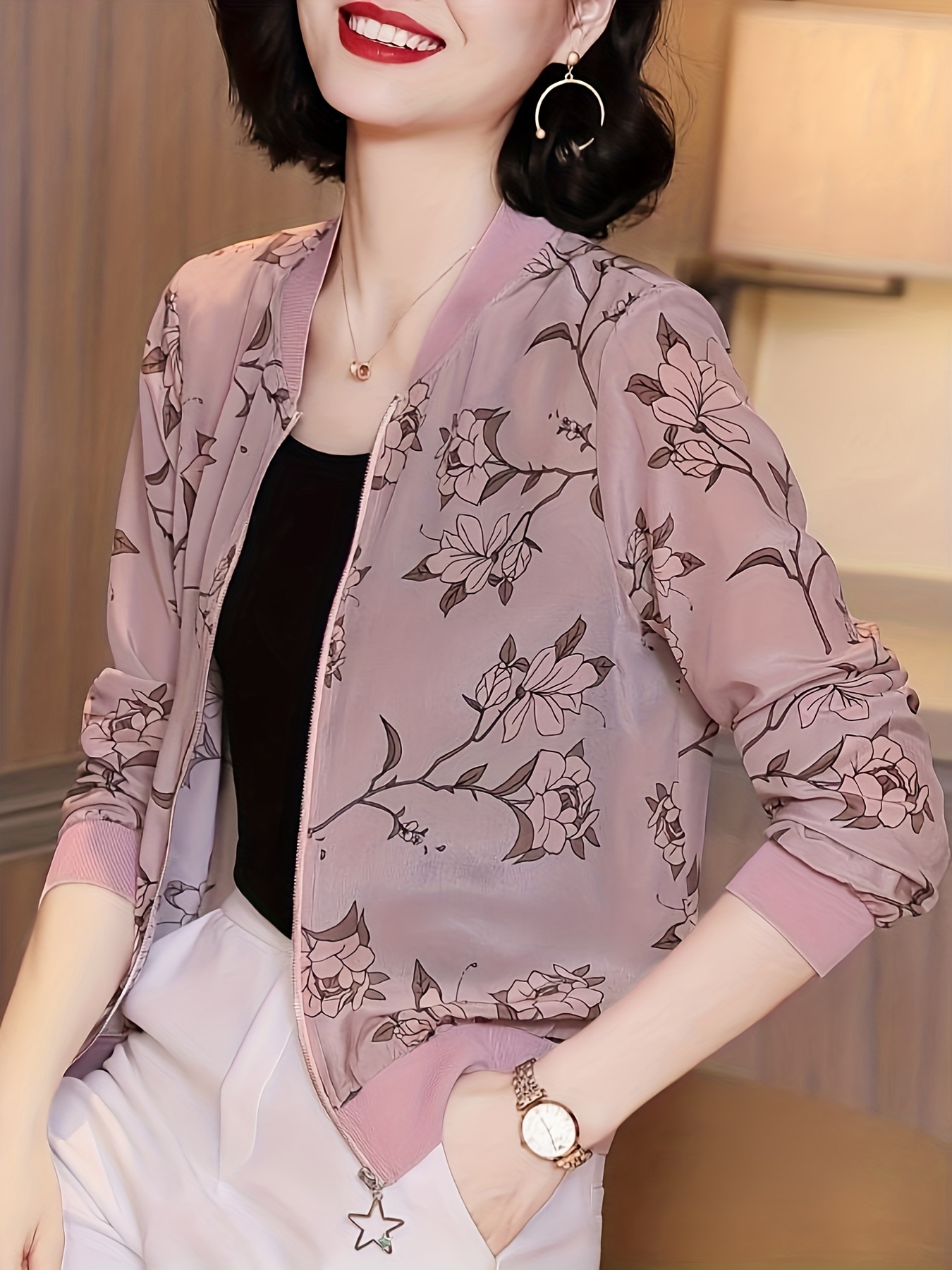 floral print zip up lightweight jacket casual long sleeve baseball collar outerwear for spring summer womens clothing details 2
