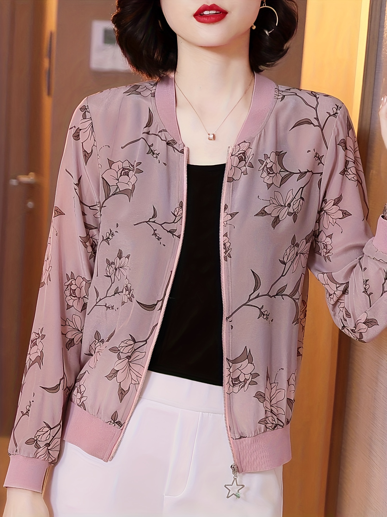 floral print zip up lightweight jacket casual long sleeve baseball collar outerwear for spring summer womens clothing details 3