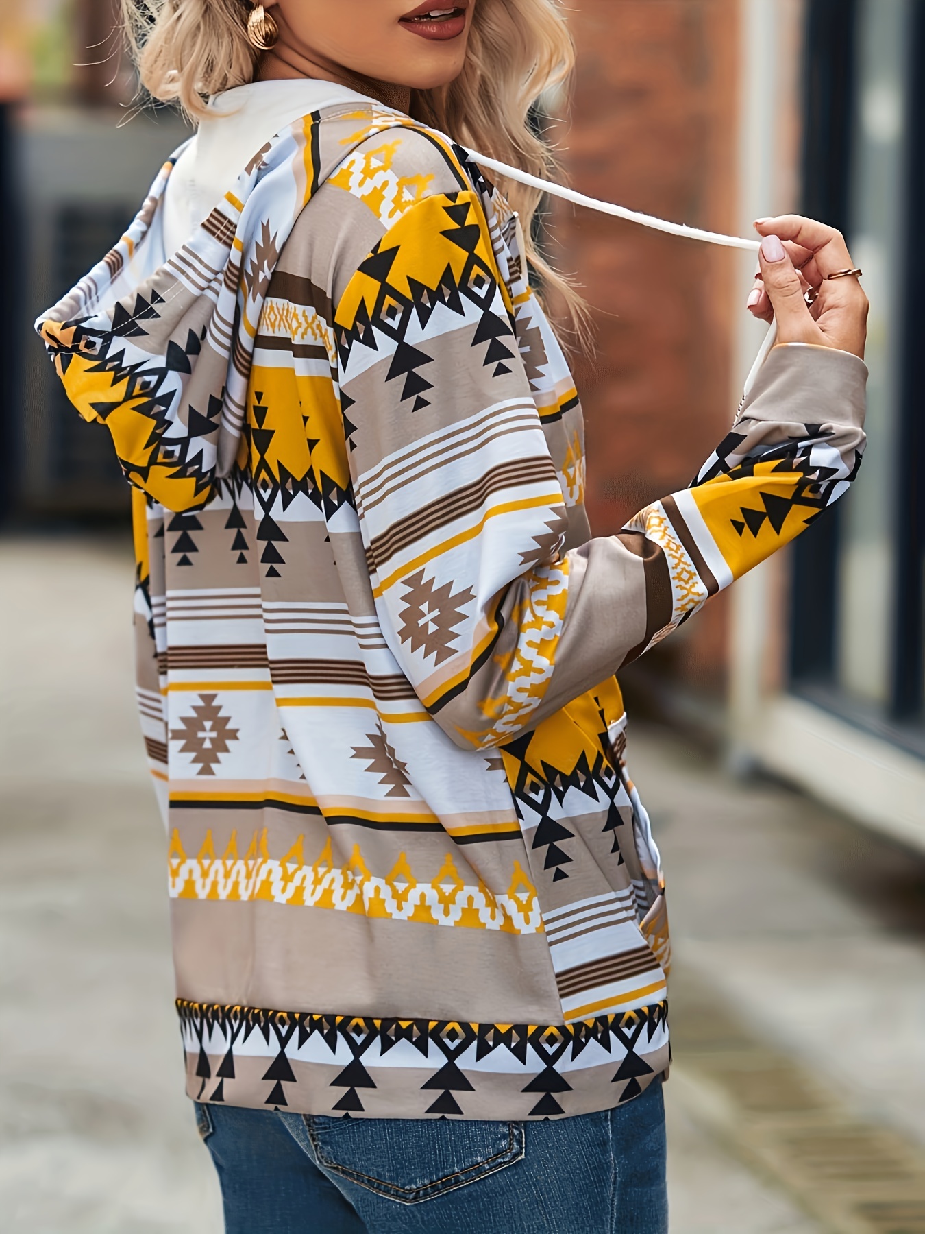 aztec print zip up jacket casual drawstring hooded long sleeve outerwear womens clothing details 10