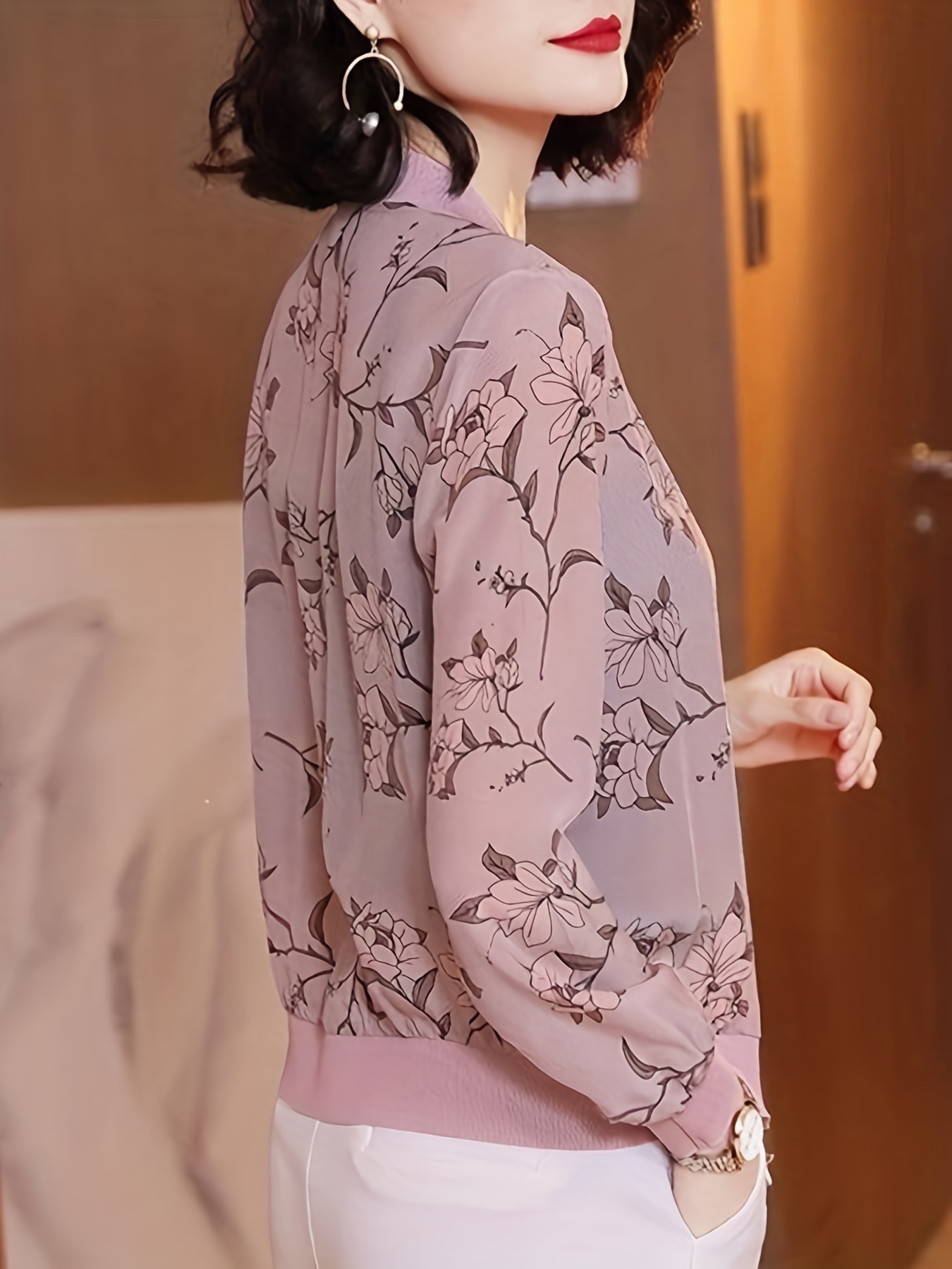 floral print zip up lightweight jacket casual long sleeve baseball collar outerwear for spring summer womens clothing details 1