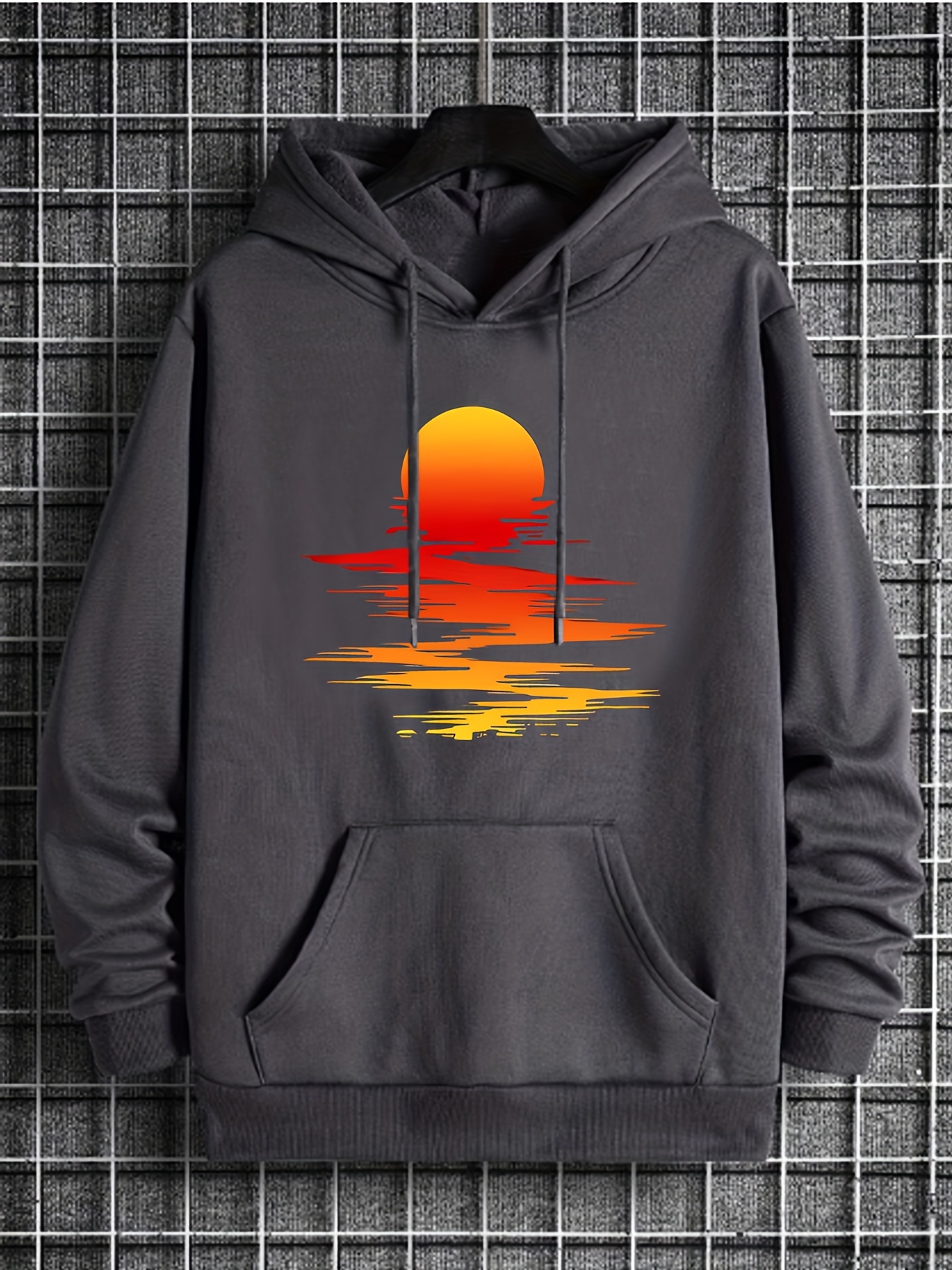 sunset print hoodie cool hoodies for men mens casual graphic design pullover hooded sweatshirt with kangaroo pocket streetwear for winter fall as gifts details 10