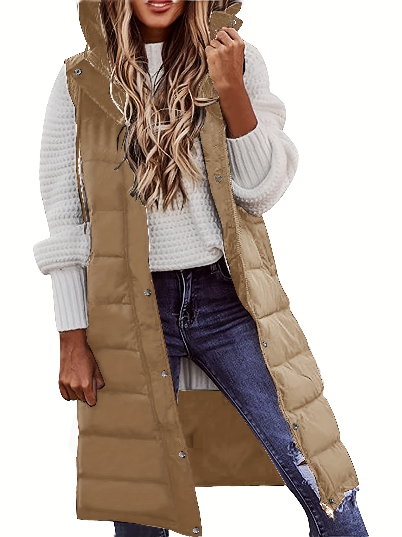 hooded sleeveless coat casual long length versatile winter warm outerwear womens clothing details 8