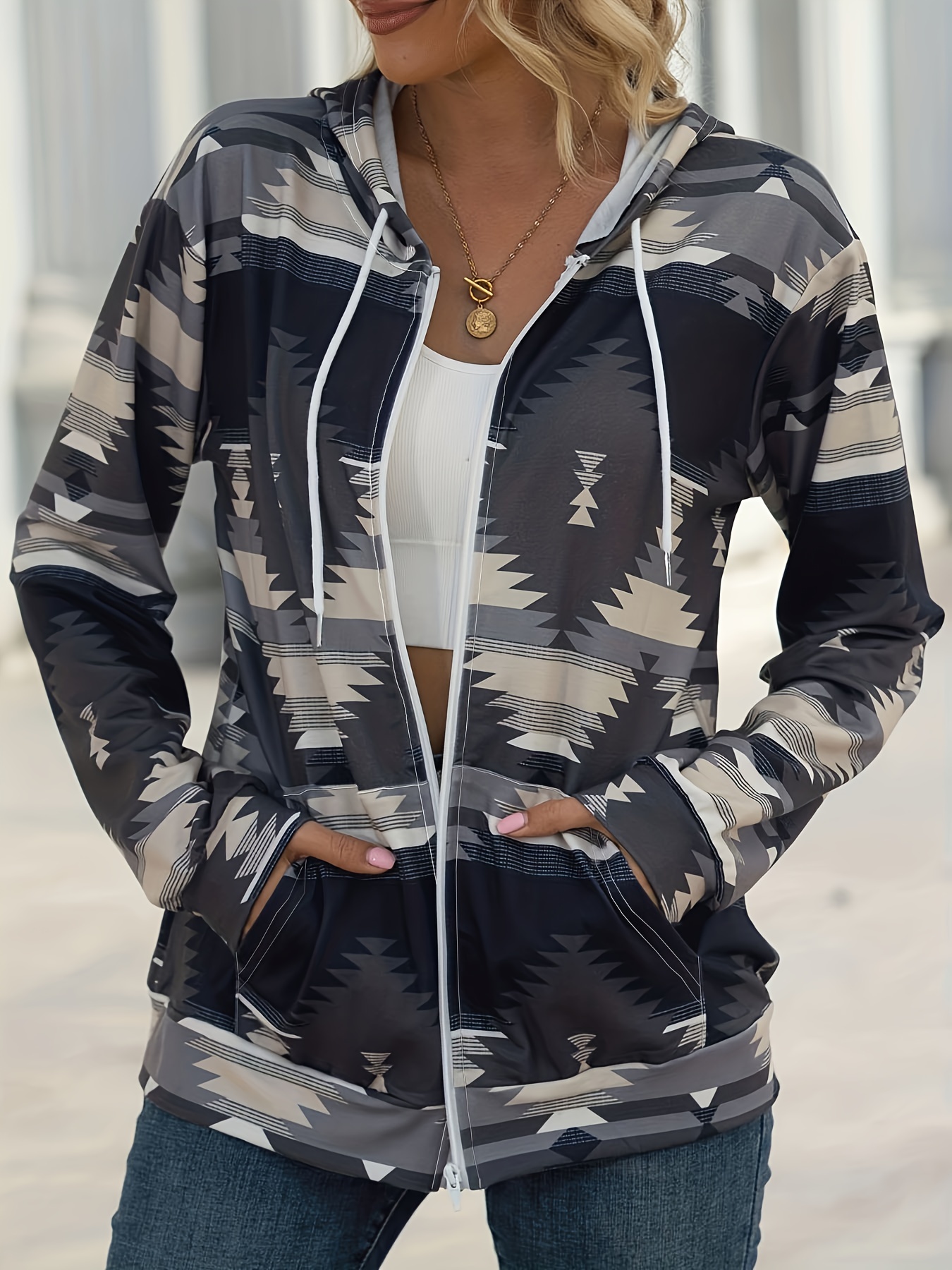 aztec print zip up jacket casual drawstring hooded long sleeve outerwear womens clothing details 27