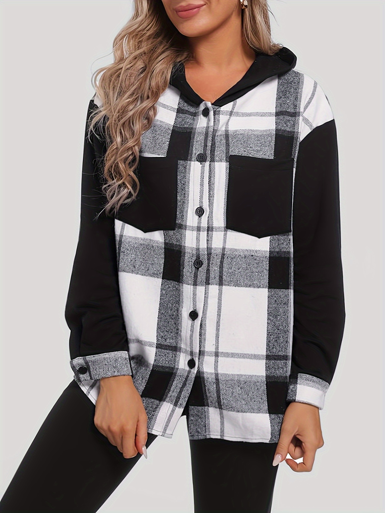 plaid print splicing hooded jacket casual button front long sleeve outerwear womens clothing details 3