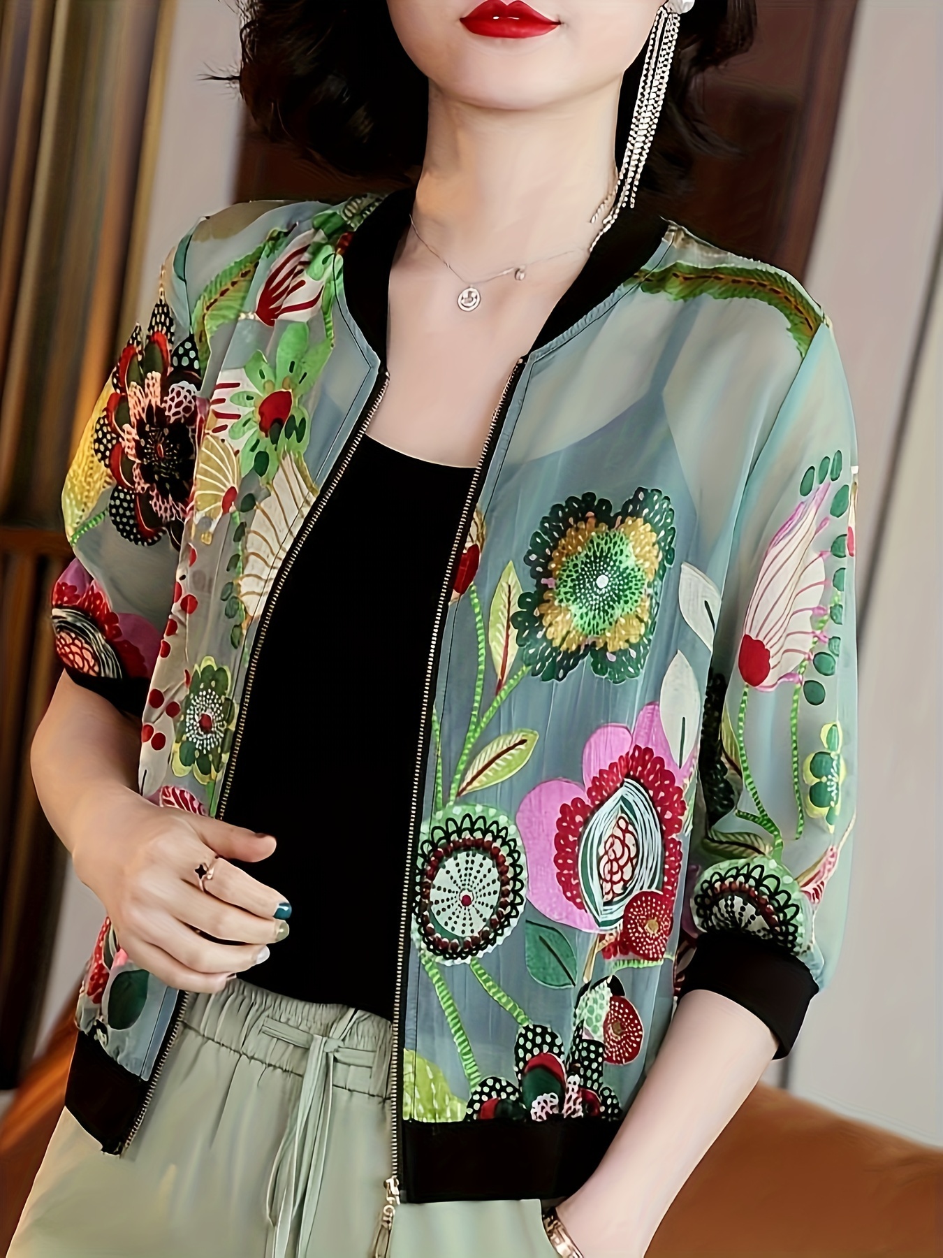 floral print zip up lightweight jacket casual long sleeve baseball collar outerwear for spring summer womens clothing details 8