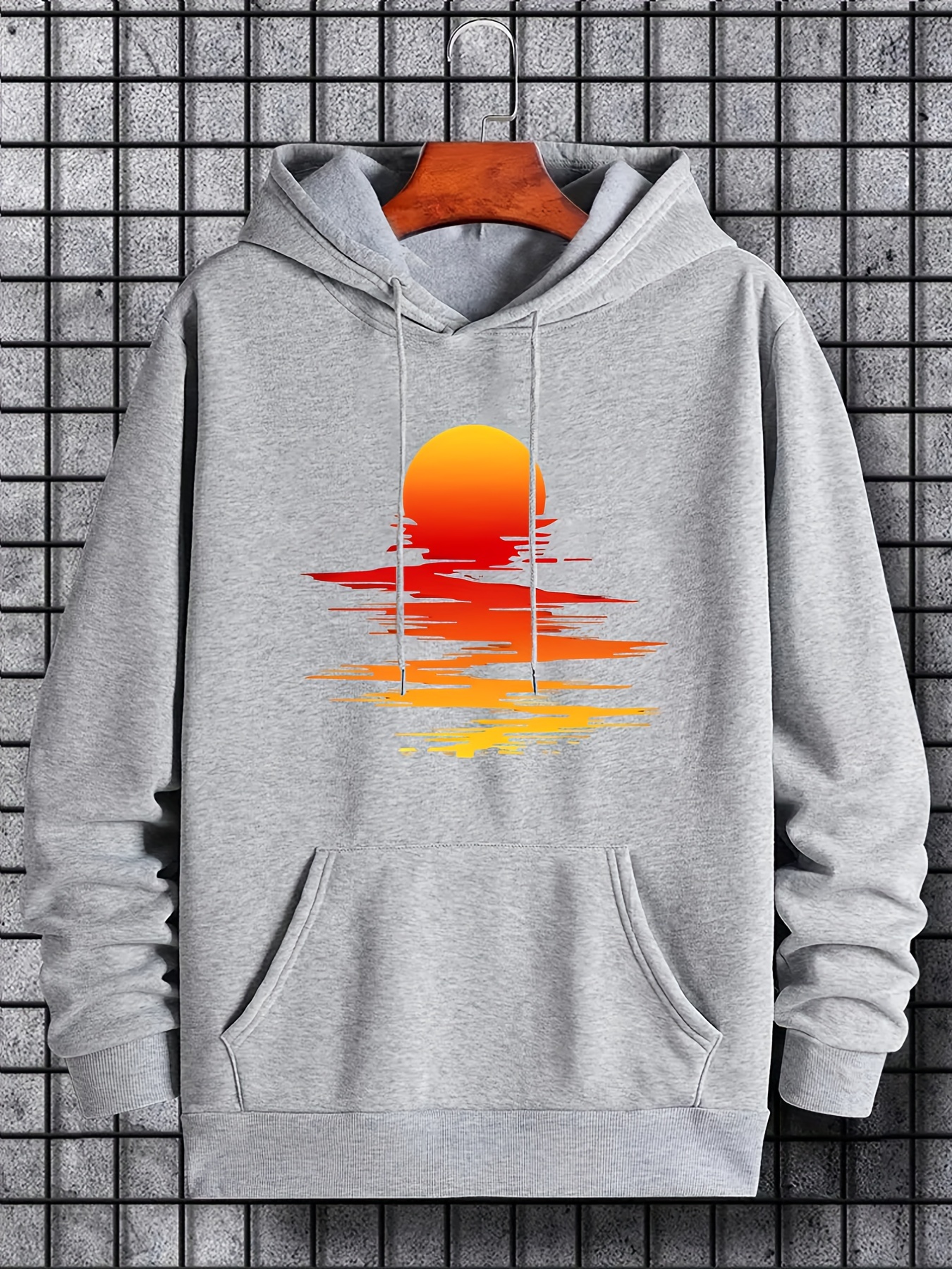 sunset print hoodie cool hoodies for men mens casual graphic design pullover hooded sweatshirt with kangaroo pocket streetwear for winter fall as gifts details 5