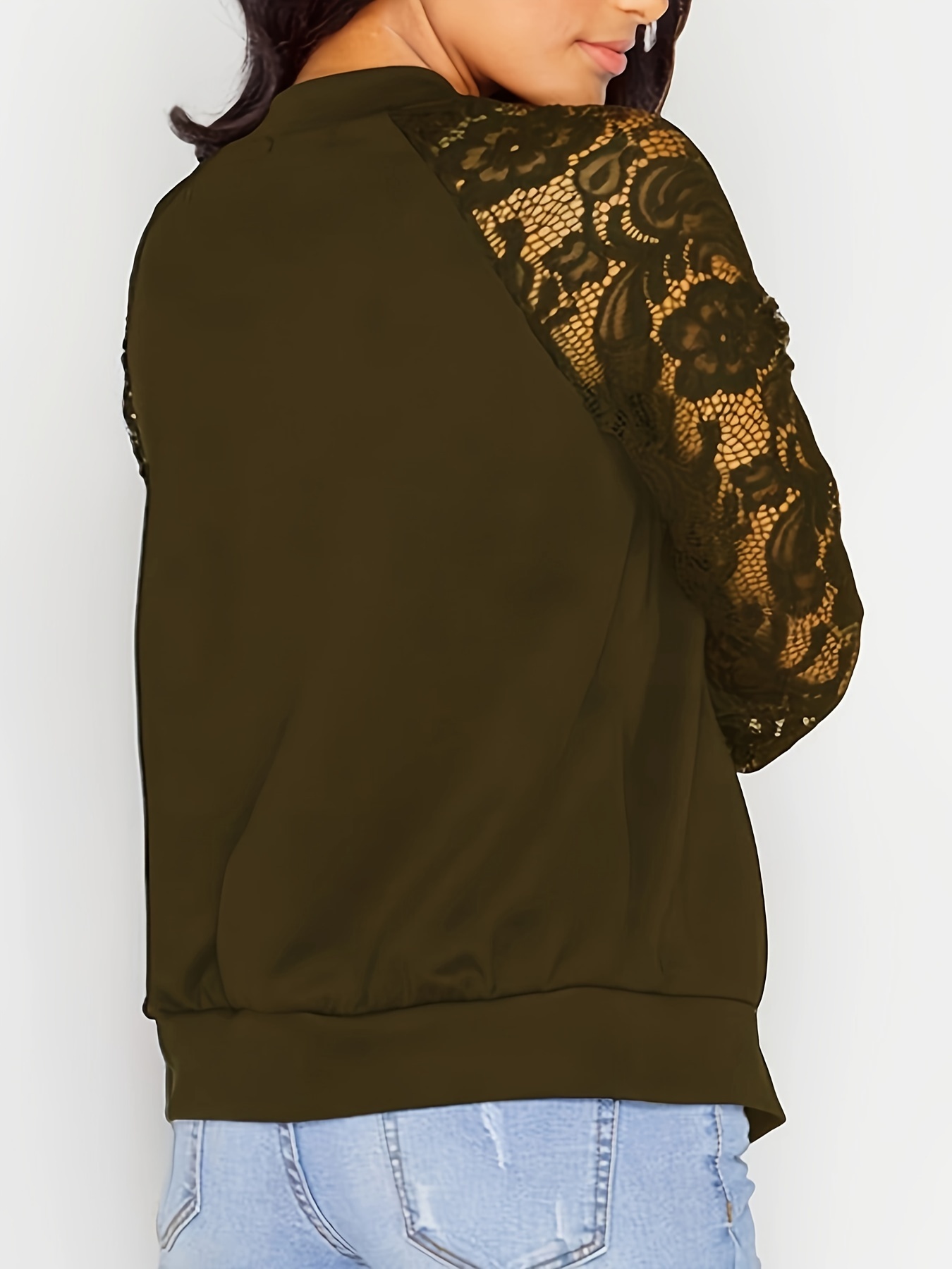 zip up lace panel jacket casual long sleeve jacket womens clothing details 14