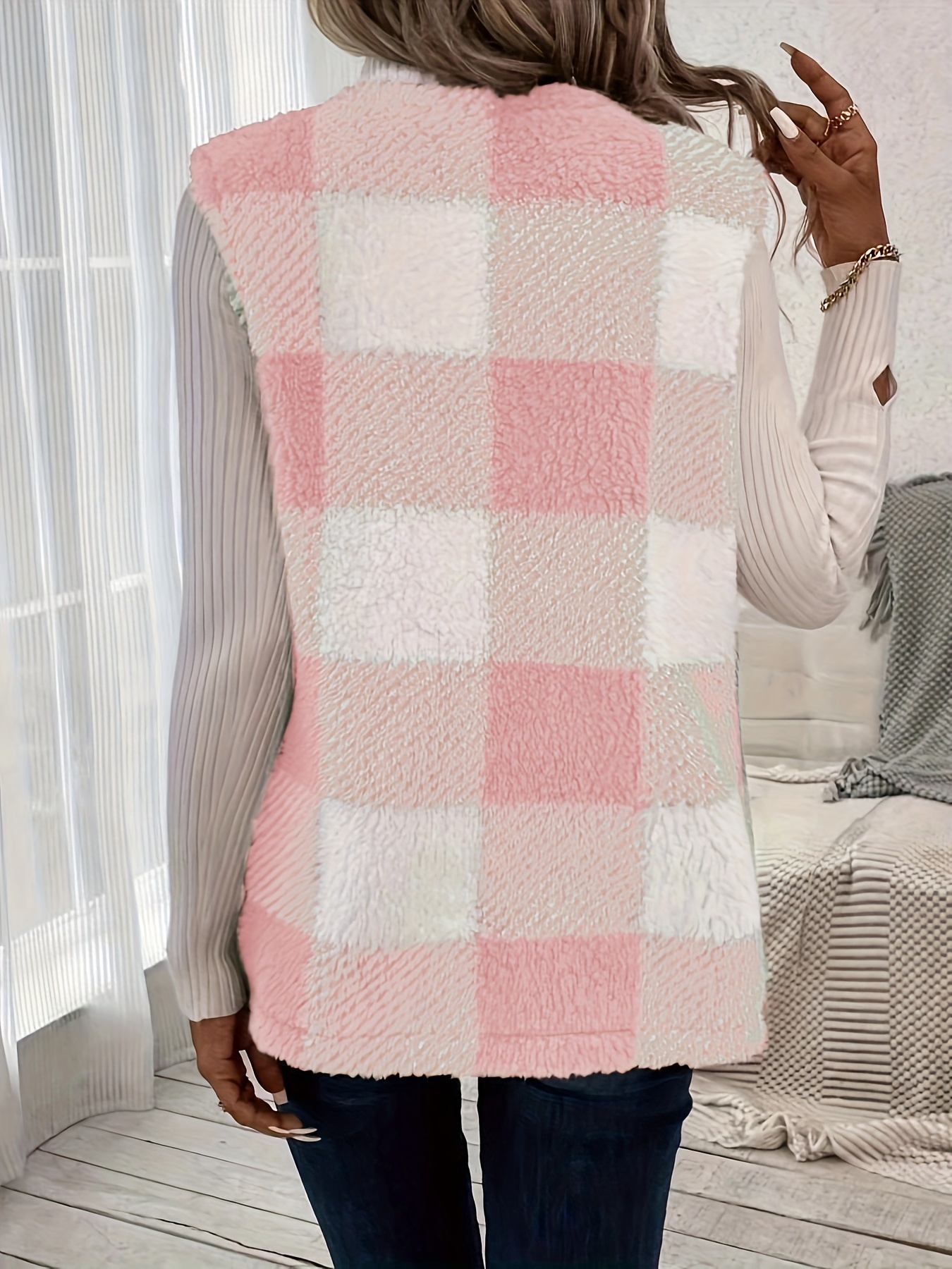 plaid open front teddy vest casual sleeveless winter vest with pocket womens clothing details 1
