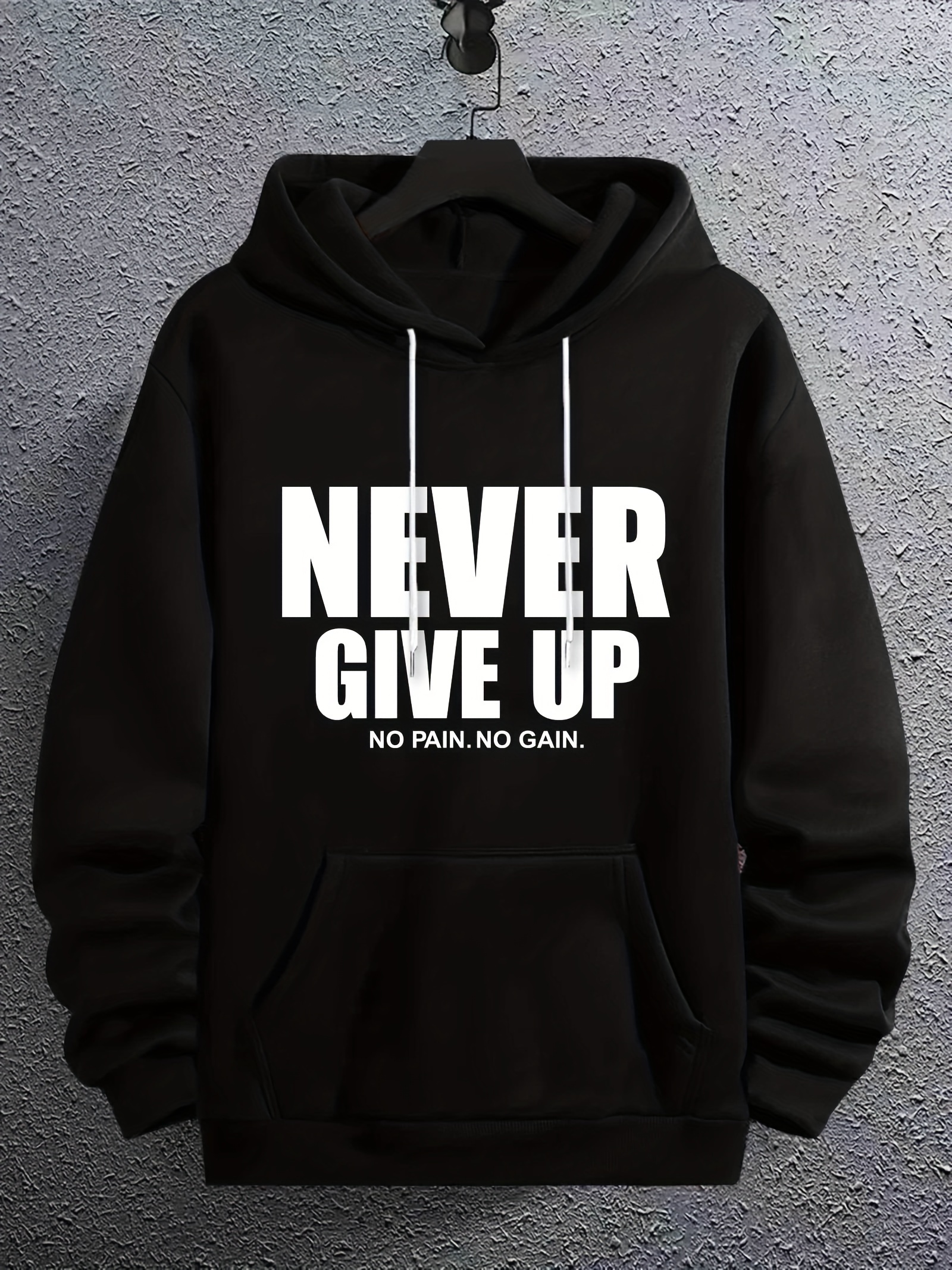 never give up print kangaroo pocket hoodie casual long sleeve hoodies pullover sweatshirt mens clothing for fall winter details 0