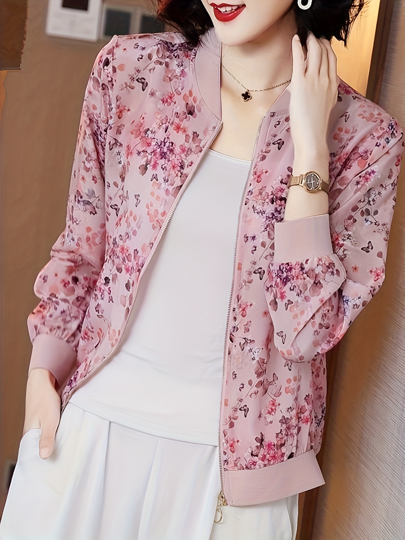 floral print zip up lightweight jacket casual long sleeve baseball collar outerwear for spring summer womens clothing details 13