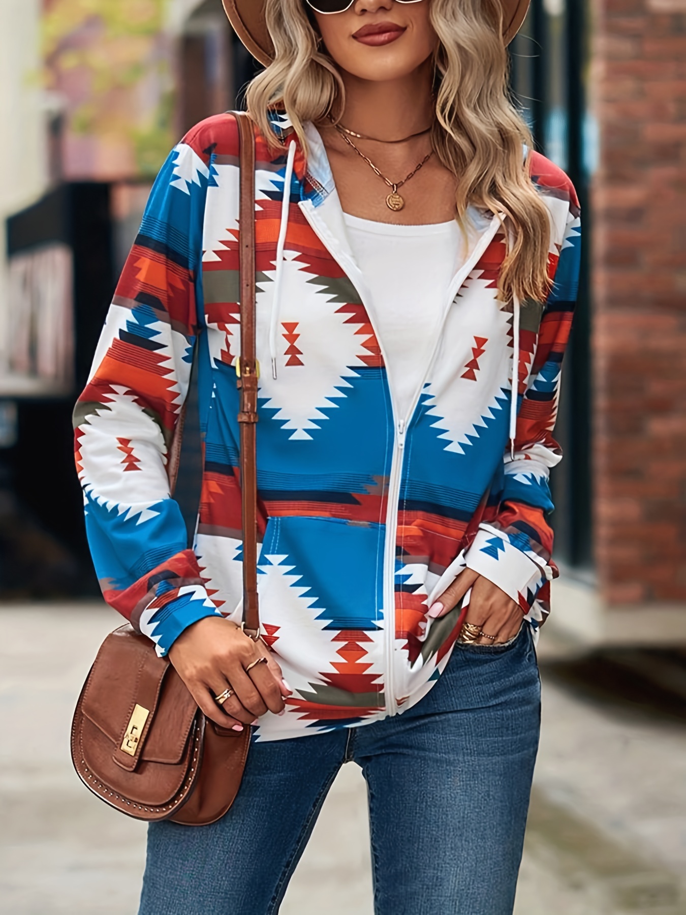 aztec print zip up jacket casual drawstring hooded long sleeve outerwear womens clothing details 0
