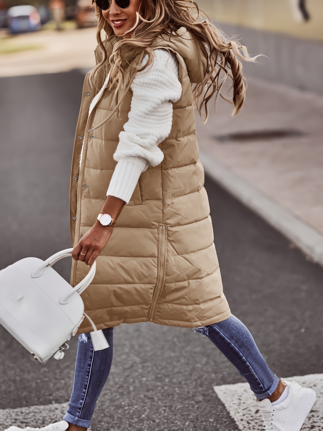 hooded sleeveless coat casual long length versatile winter warm outerwear womens clothing details 5