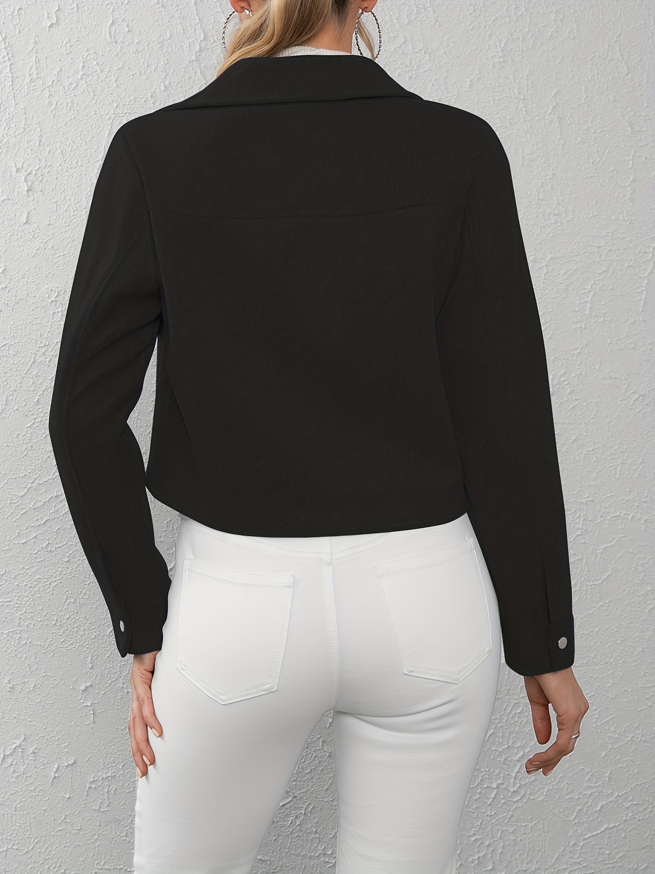 solid button front lapel neck jacket casual long sleeve outerwear for spring fall womens clothing details 3