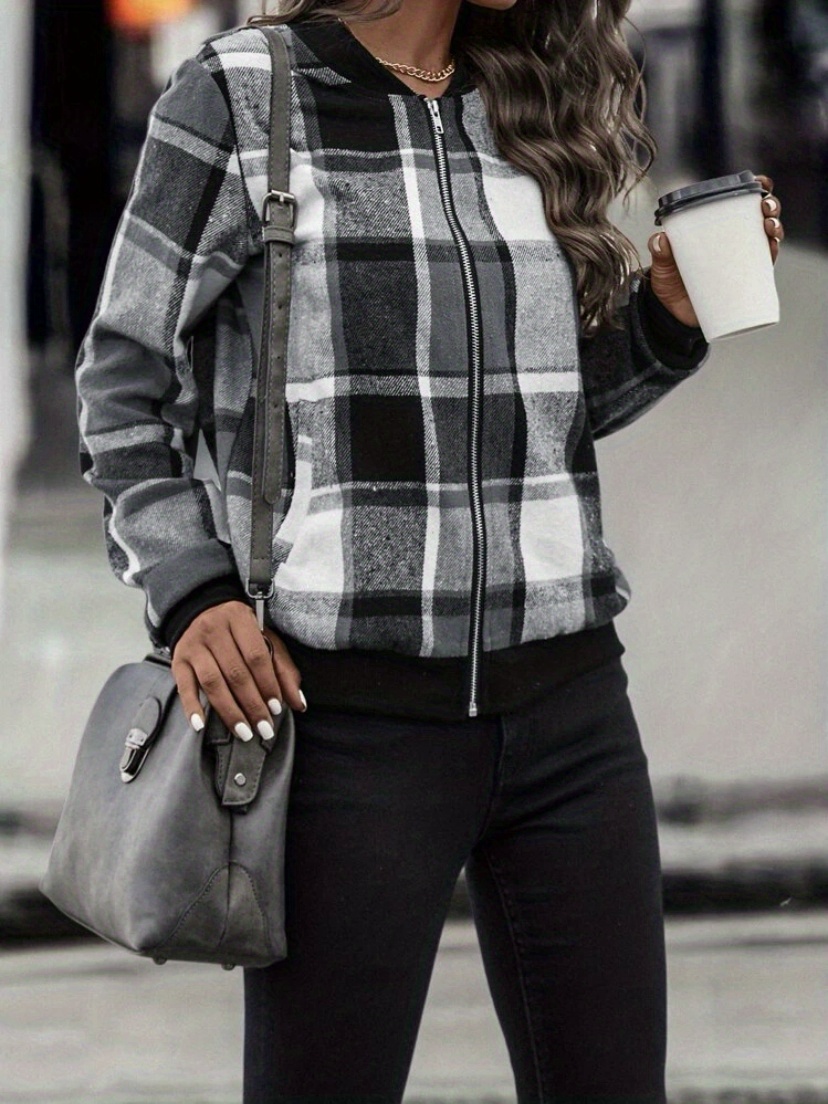 plaid print bomber jacket casual zip up long sleeve outerwear womens clothing details 2