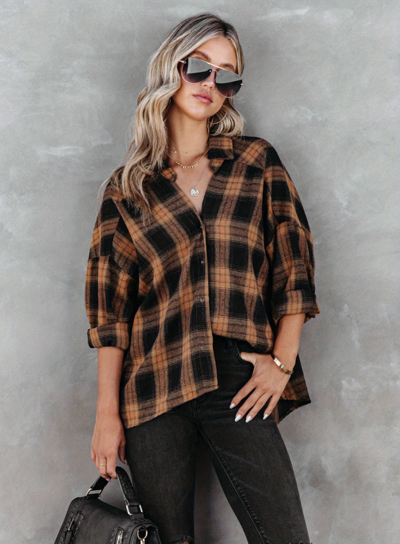 plaid pattern button front jacket casual lapel long sleeve outwear womens clothing details 1