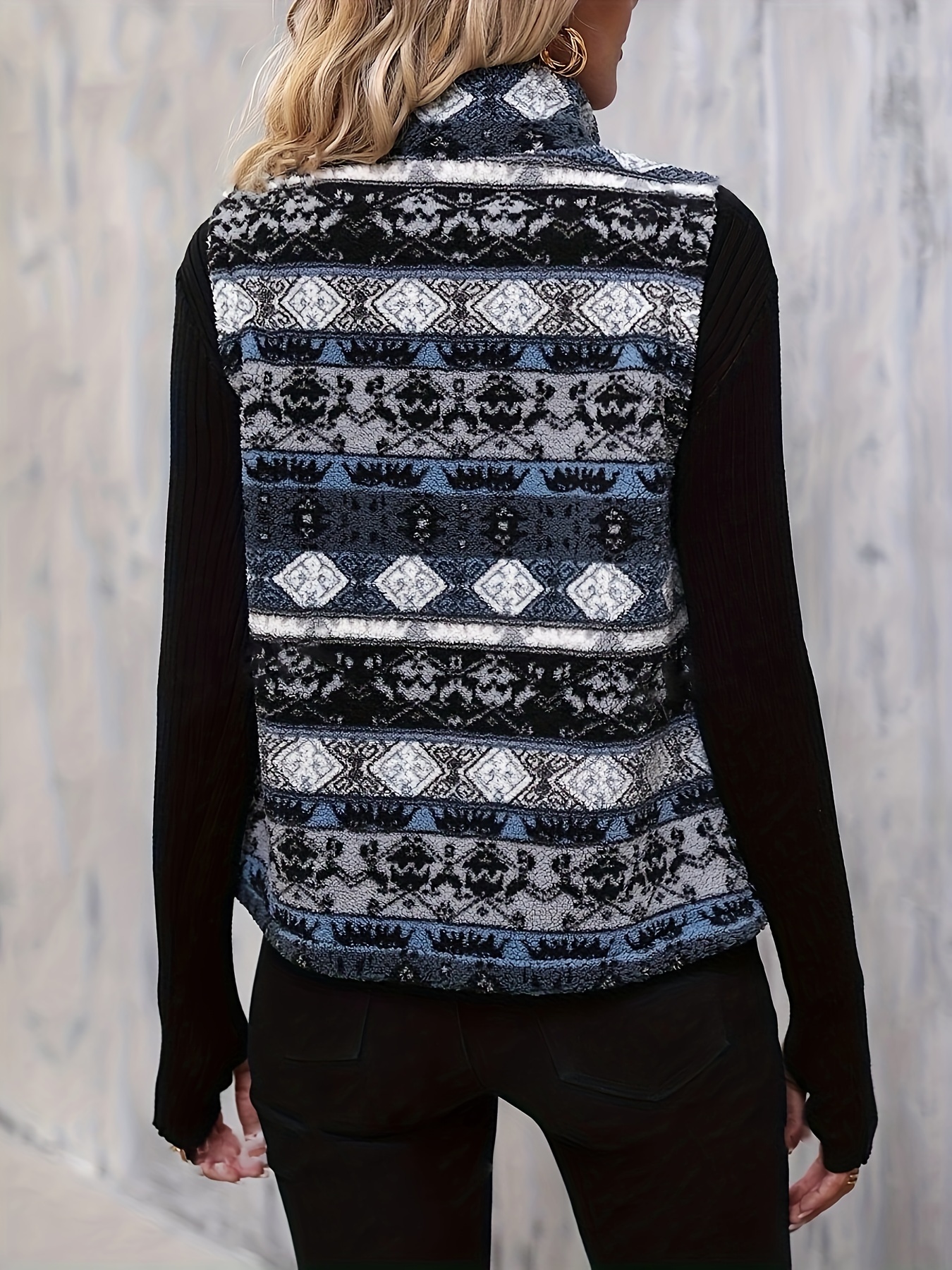 allover print zip up vest jacket casual sleeveless plush jacket for spring fall womens clothing details 1