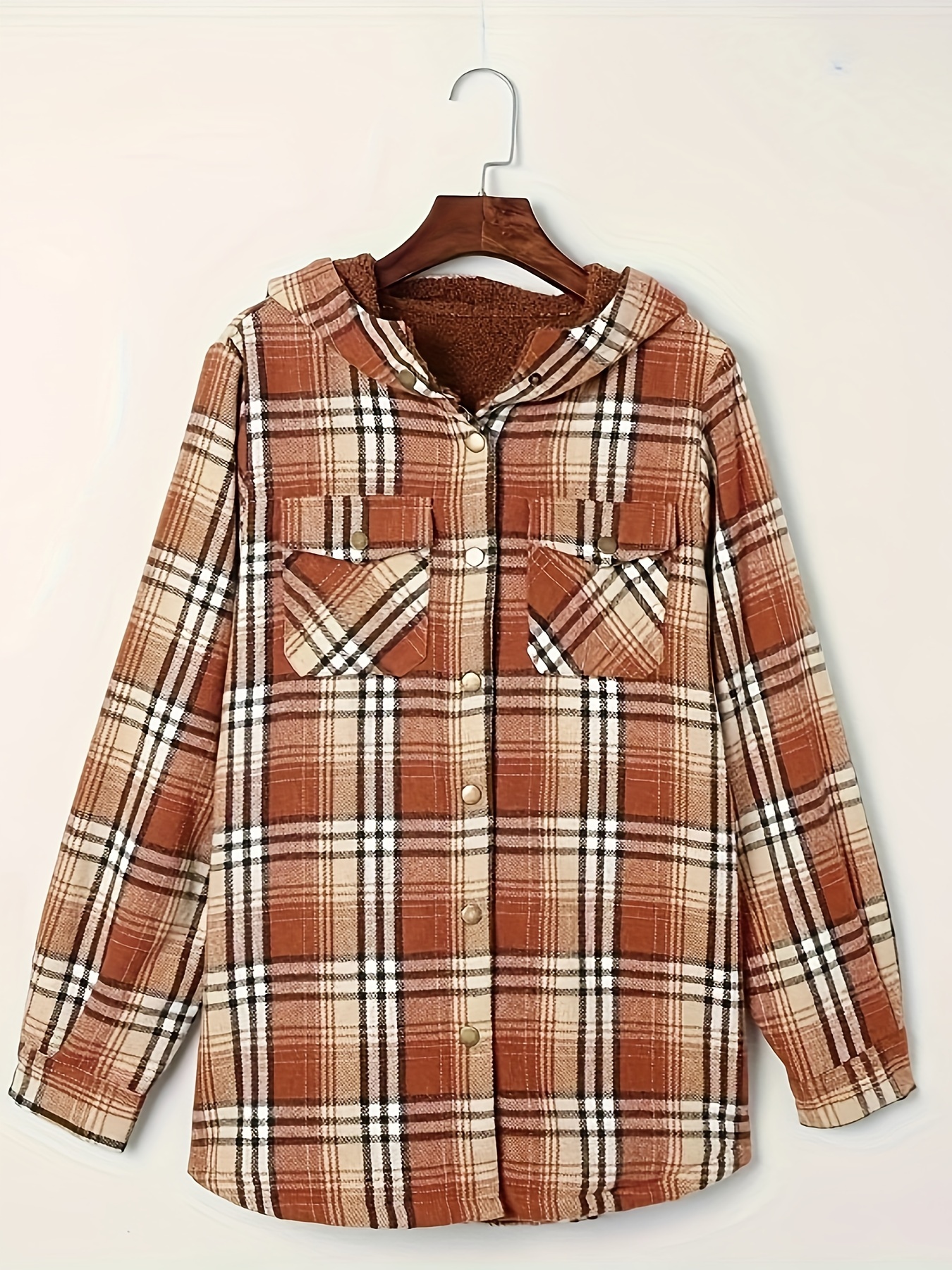 plaid pattern zip up jacket casual hooded long sleeve warm outwear womens clothing details 28