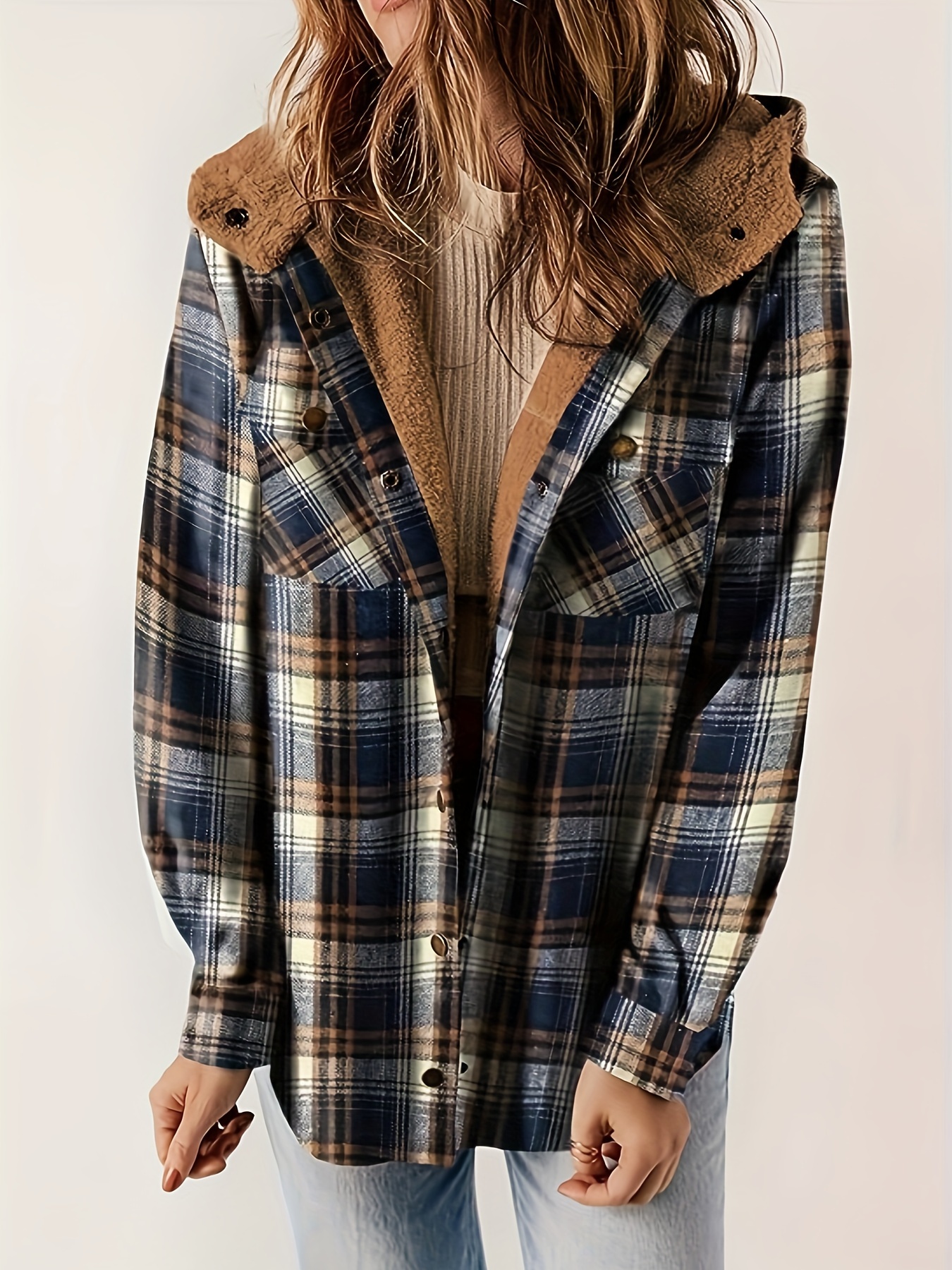 plaid pattern zip up jacket casual hooded long sleeve warm outwear womens clothing details 5