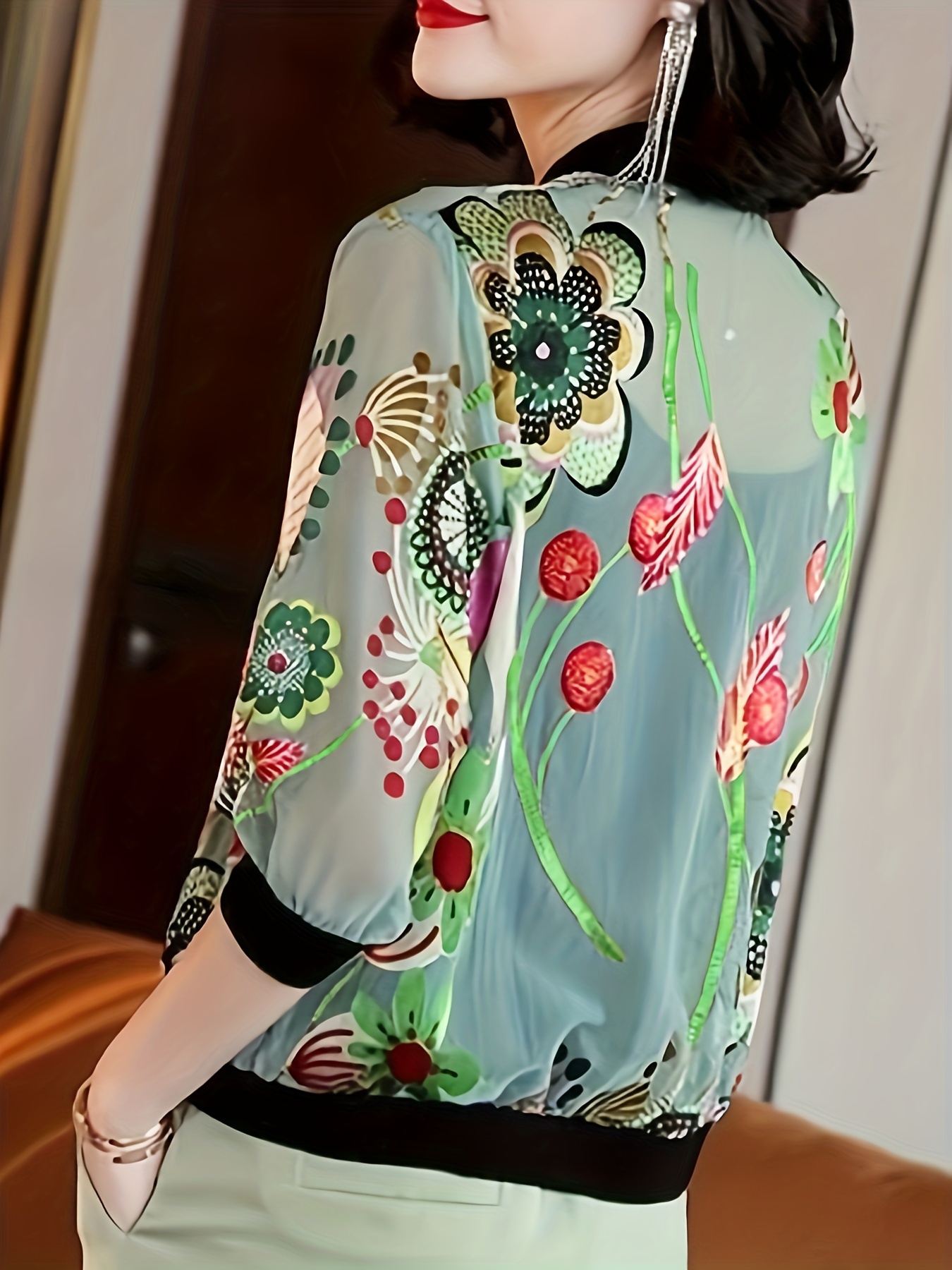 floral print zip up lightweight jacket casual long sleeve baseball collar outerwear for spring summer womens clothing details 9