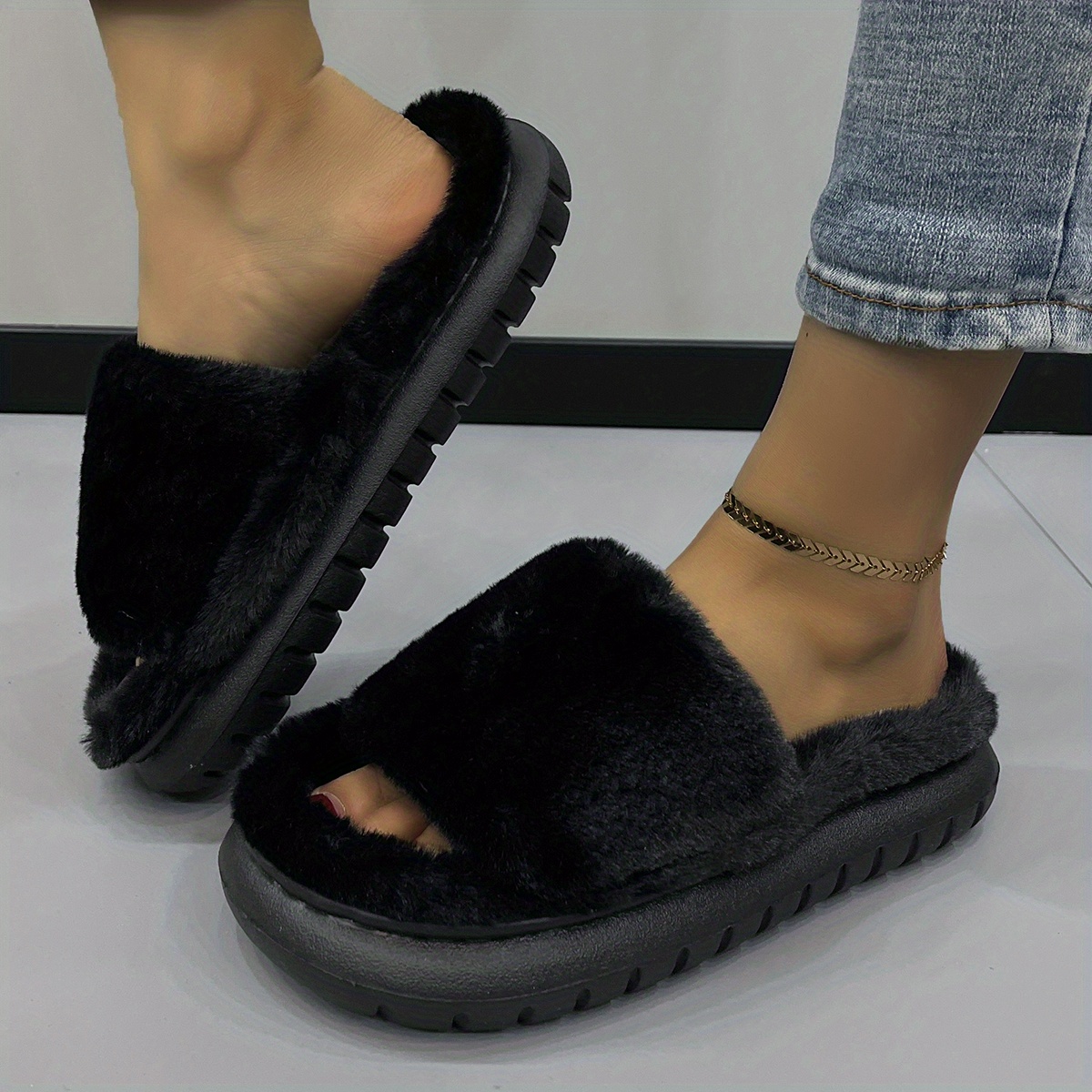 womens fuzzy plush platform slippers comfy open toe non slip bedroom shoes indoor outdoor shoes details 5