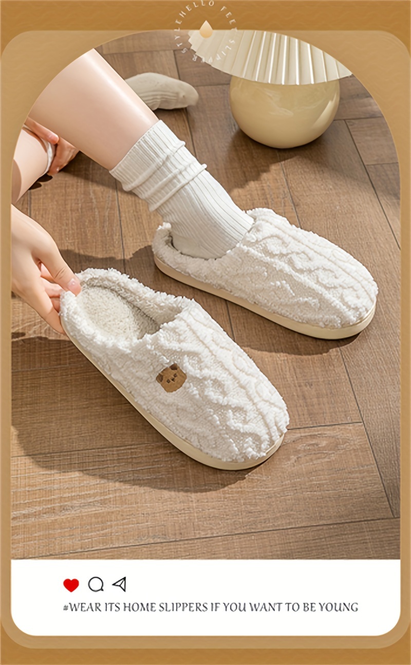solid color home warm slippers slip on soft sole flat non slip fuzzy shoes winter plush cozy slides shoes details 6