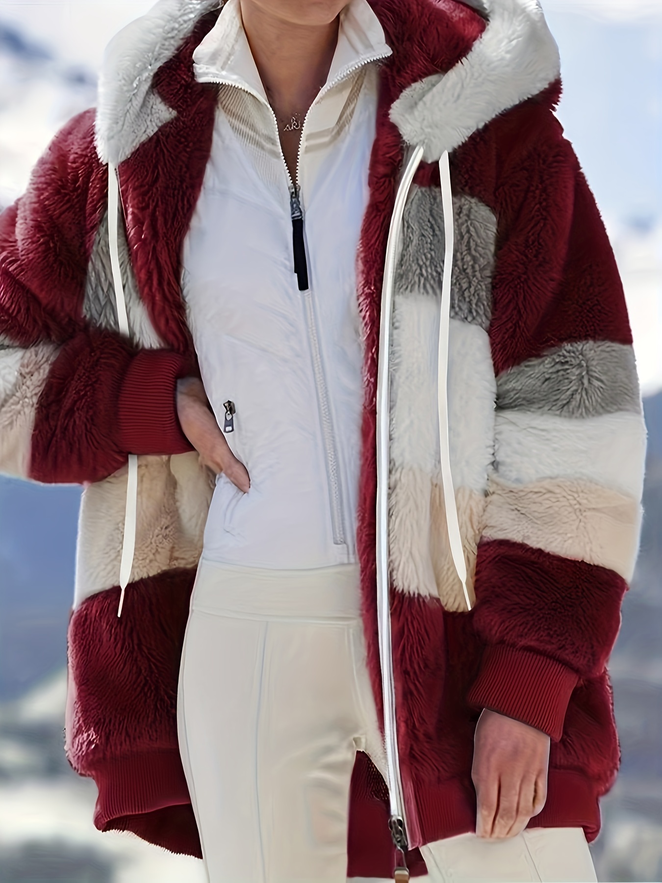 fuzzy color block coat casual hooded zip up drawstring long sleeve outerwear womens clothing details 5