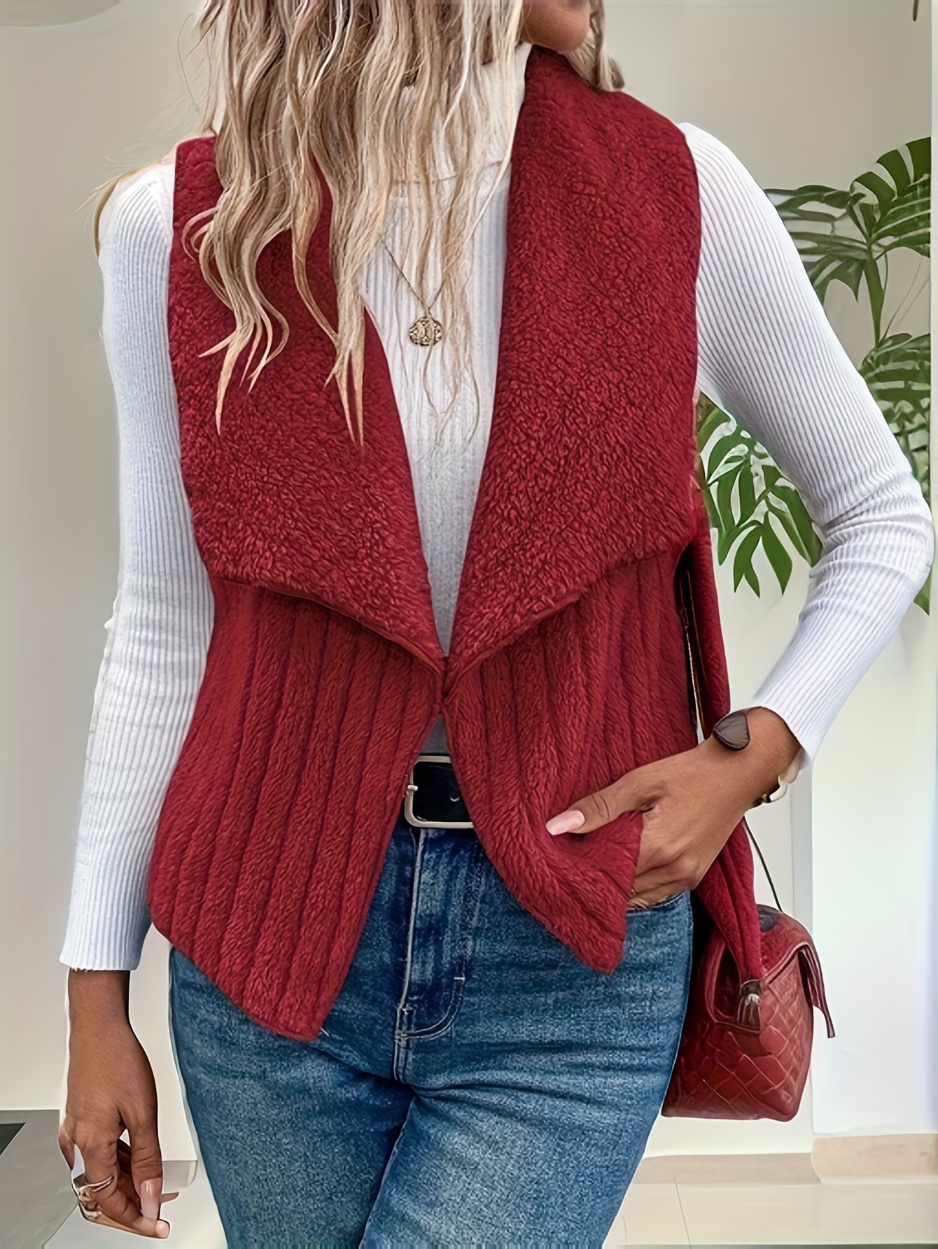 waterfall collar fuzzy vest elegant open front sleeveless vest womens clothing details 9