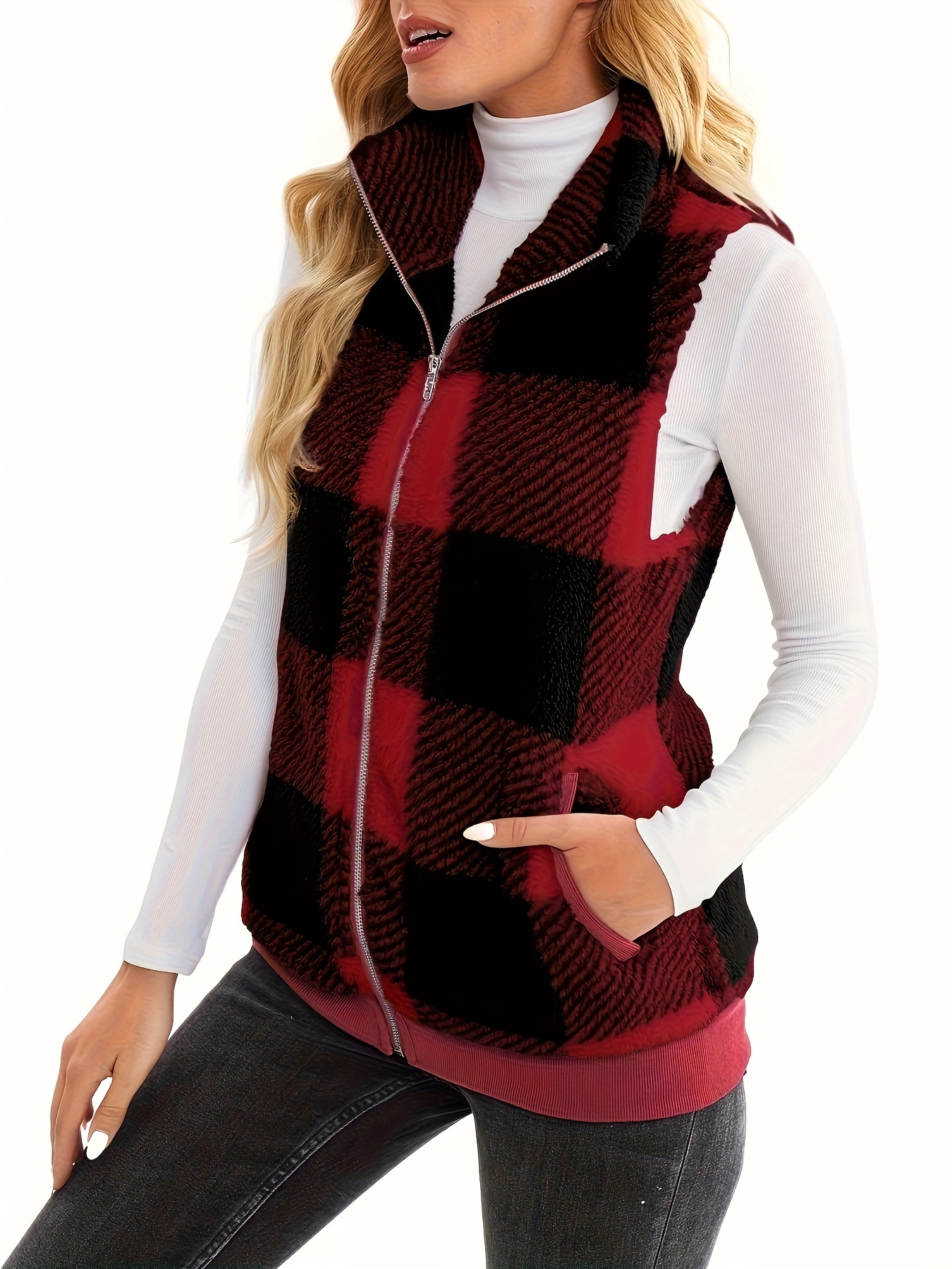 plaid stand collar teddy vest casual zip up sleeveless vest womens clothing details 5