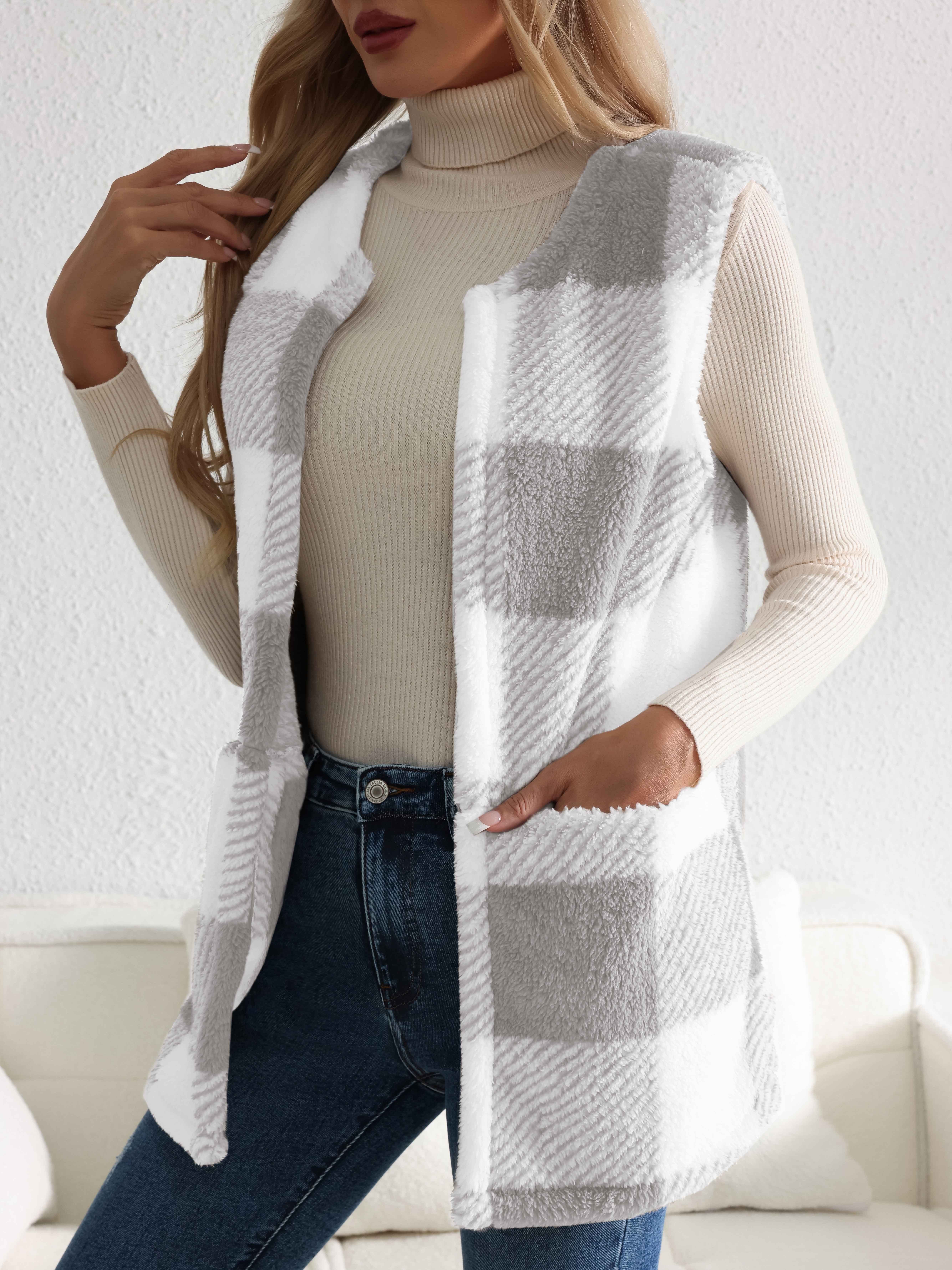 plaid open front teddy vest casual sleeveless winter vest with pocket womens clothing details 9