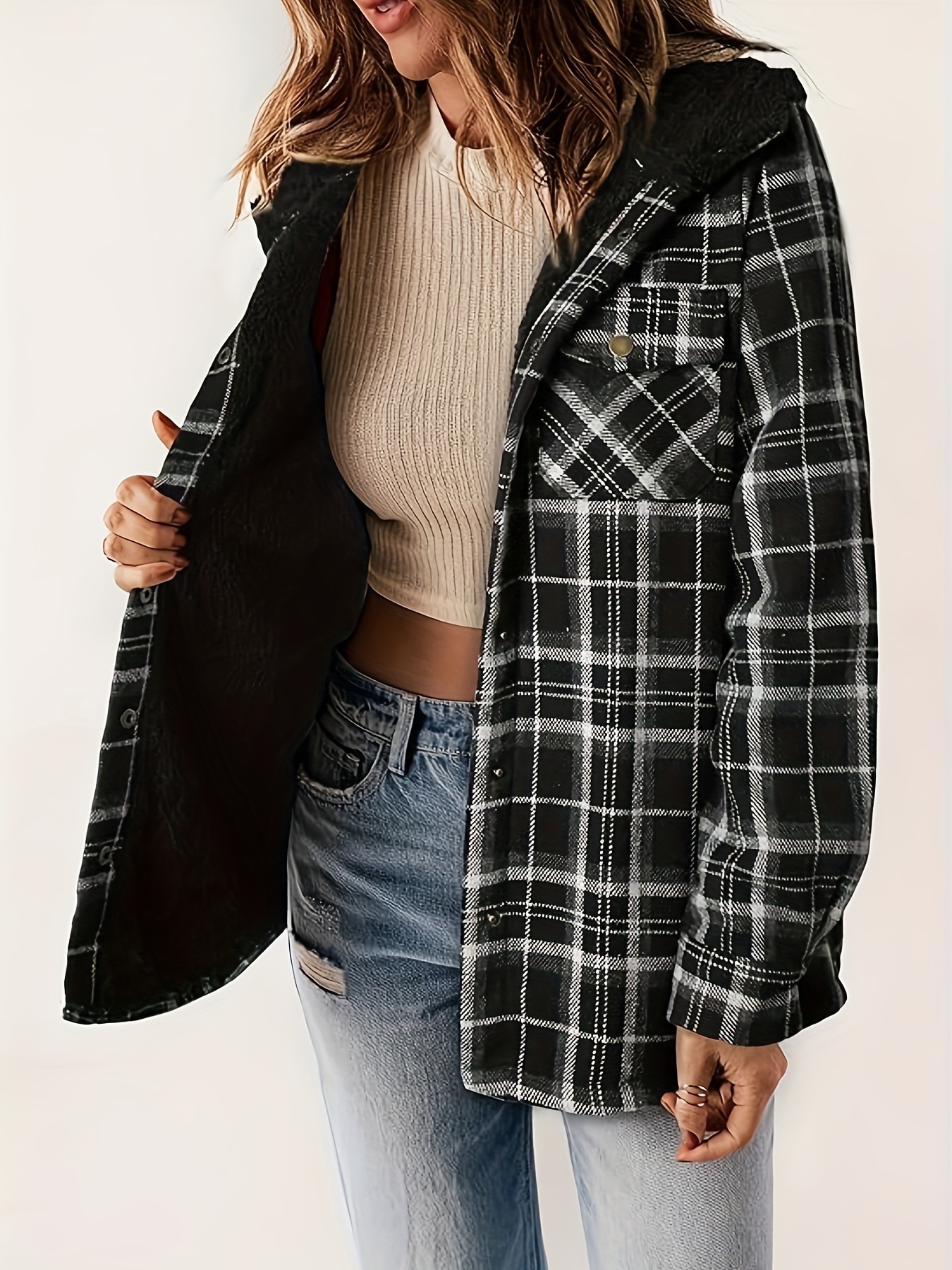 plaid pattern zip up jacket casual hooded long sleeve warm outwear womens clothing details 22
