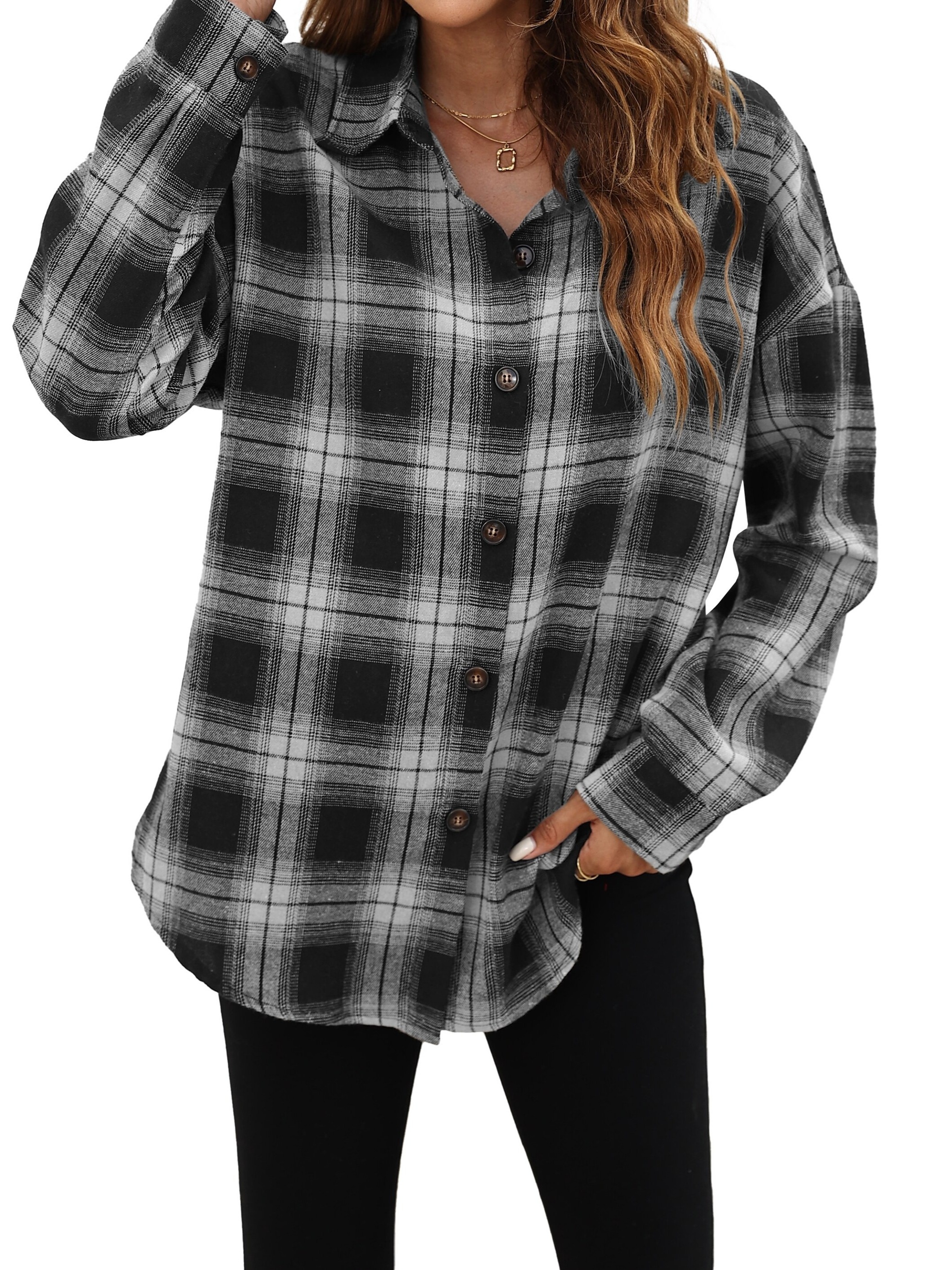 plaid pattern shacket jacket casual button front long sleeve outerwear womens clothing details 12