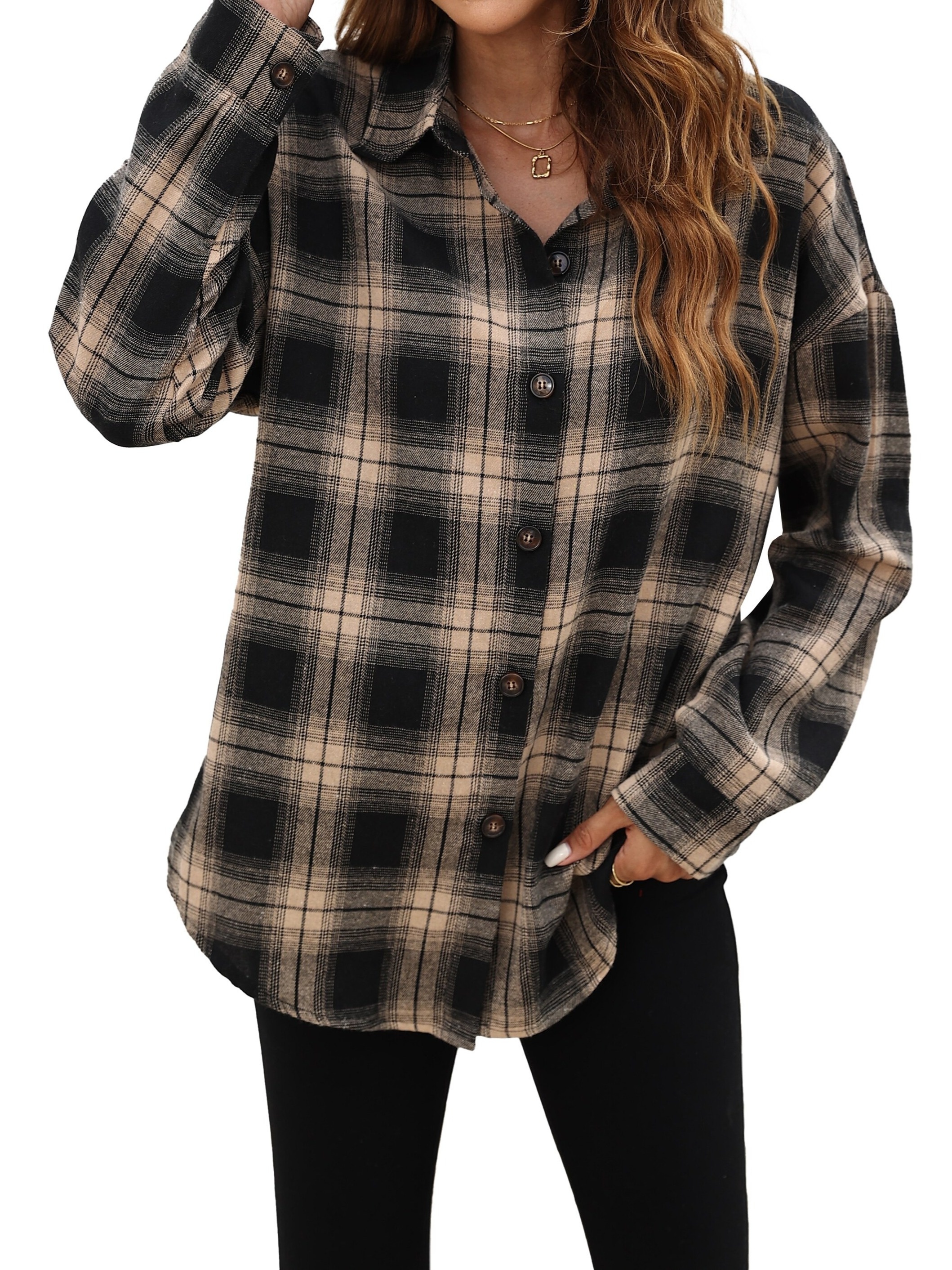 plaid pattern shacket jacket casual button front long sleeve outerwear womens clothing details 22