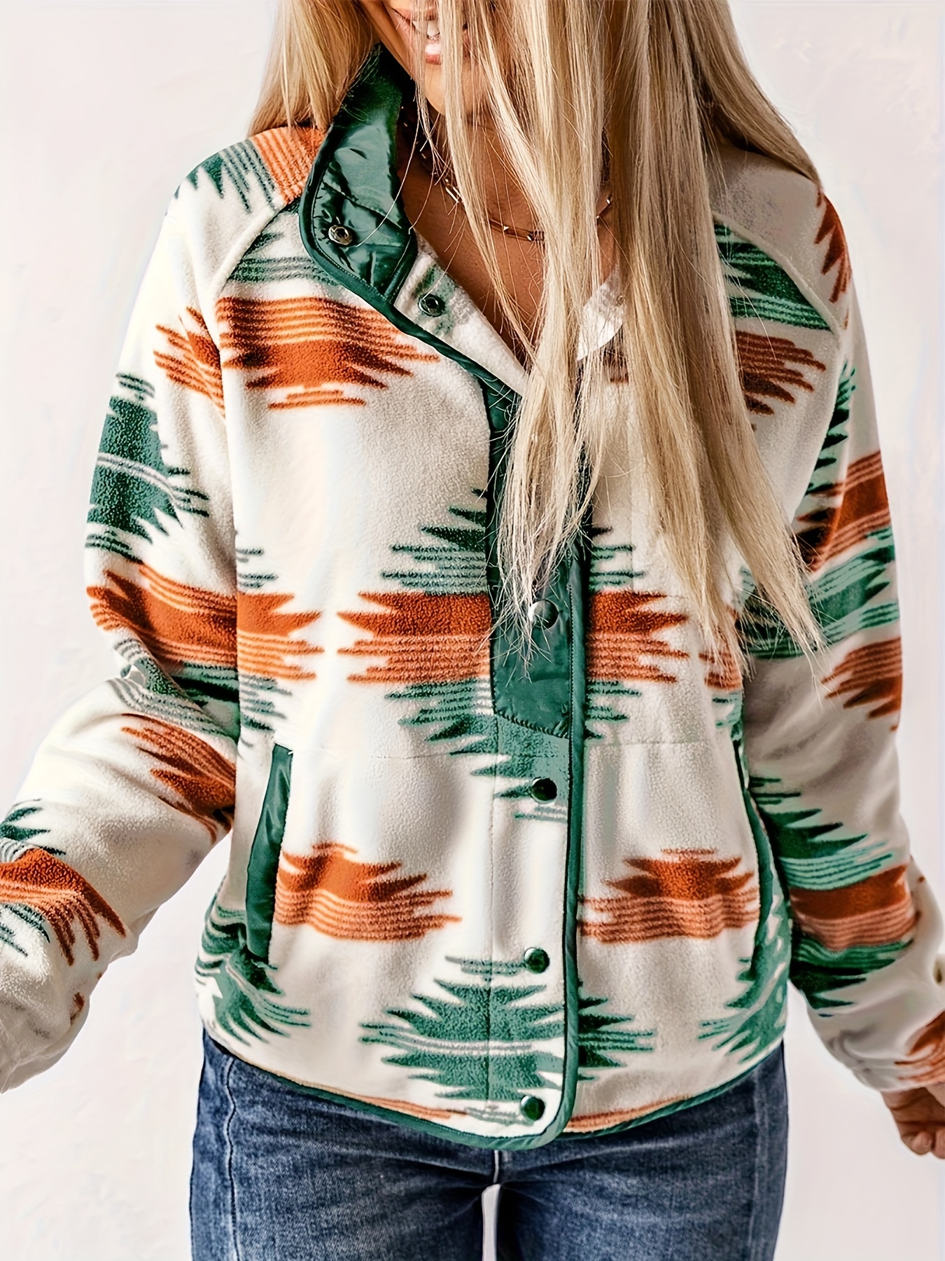 aztec print buttoned retro jacket casual every day outerwear for fall winter womens clothing details 9