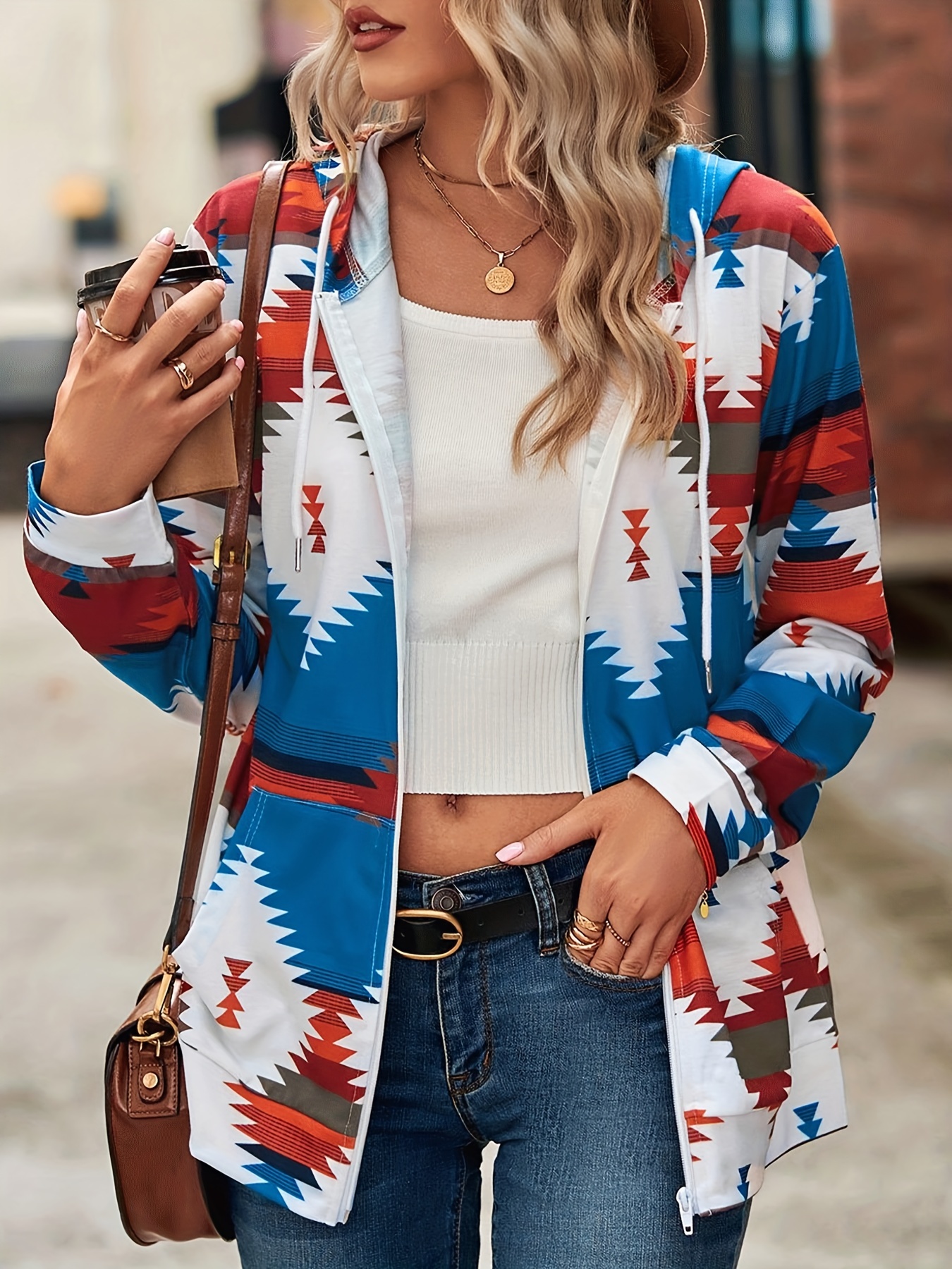 aztec print zip up jacket casual drawstring hooded long sleeve outerwear womens clothing details 1