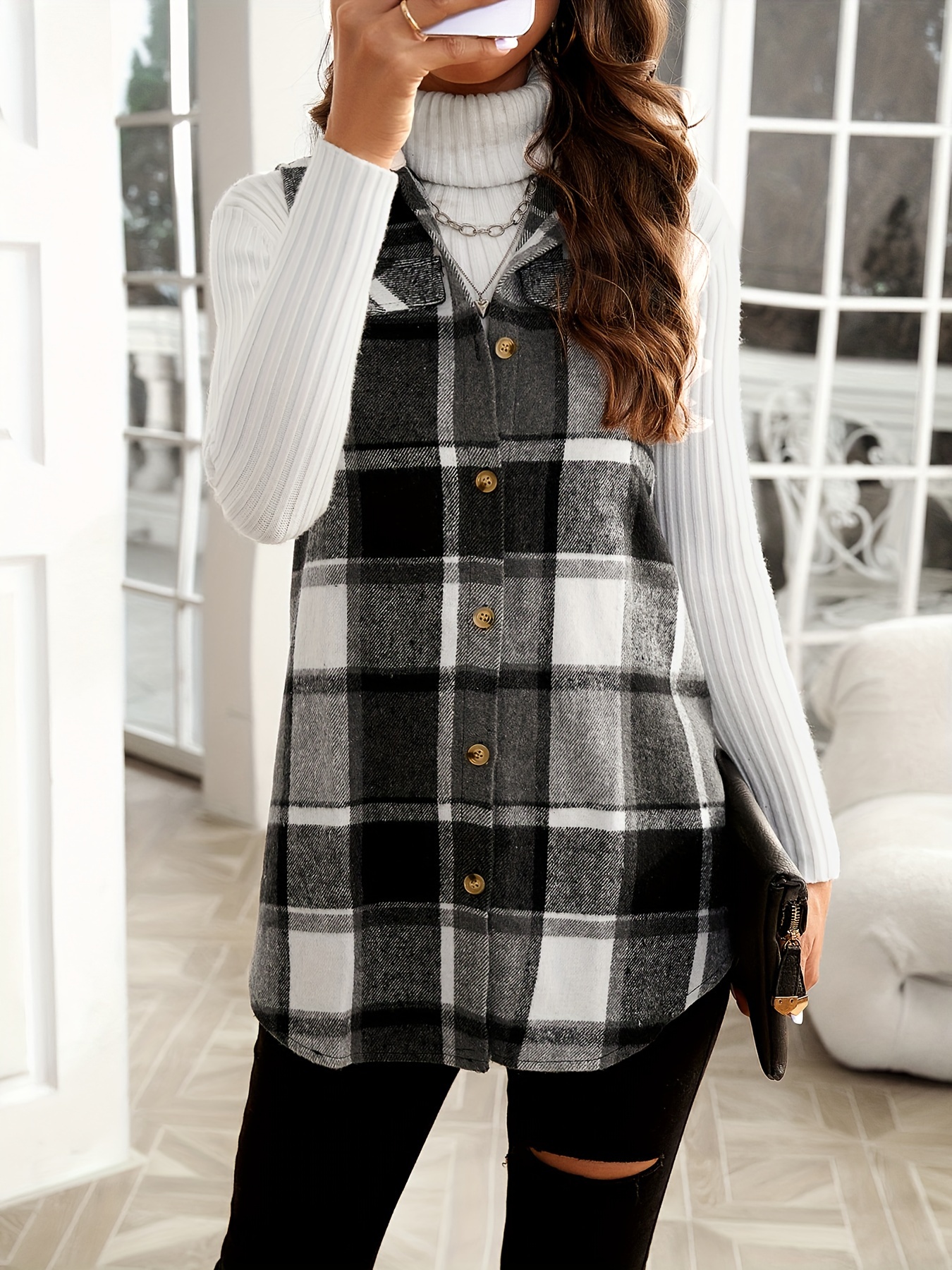plaid pattern sleeveless vest casual button front collar vest womens clothing details 15