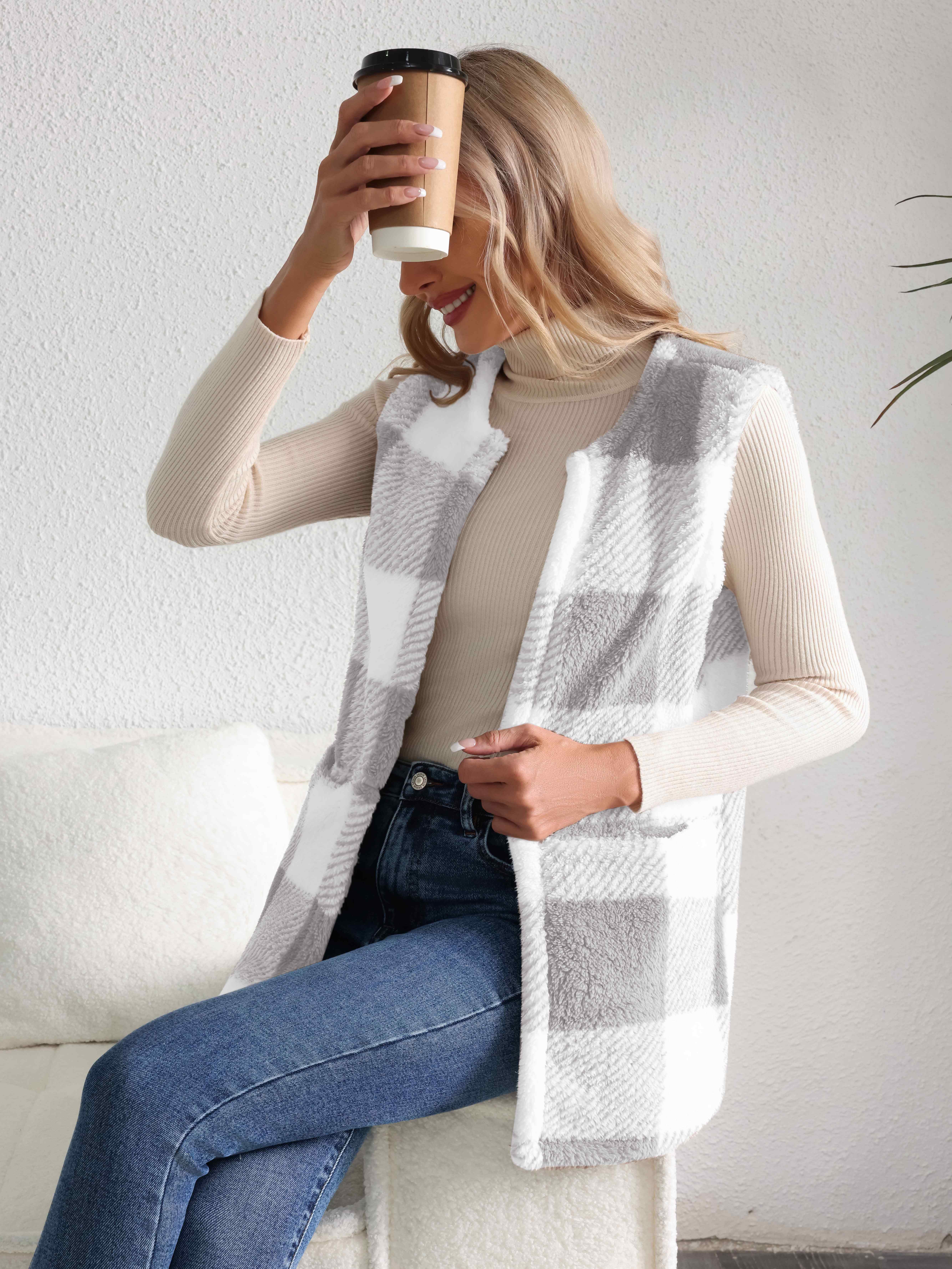 plaid open front teddy vest casual sleeveless winter vest with pocket womens clothing details 7