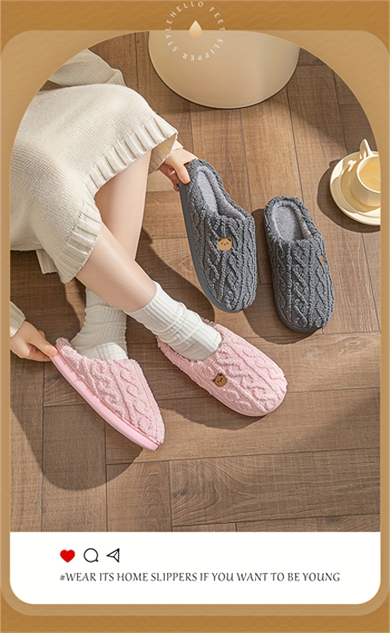 solid color home warm slippers slip on soft sole flat non slip fuzzy shoes winter plush cozy slides shoes details 5