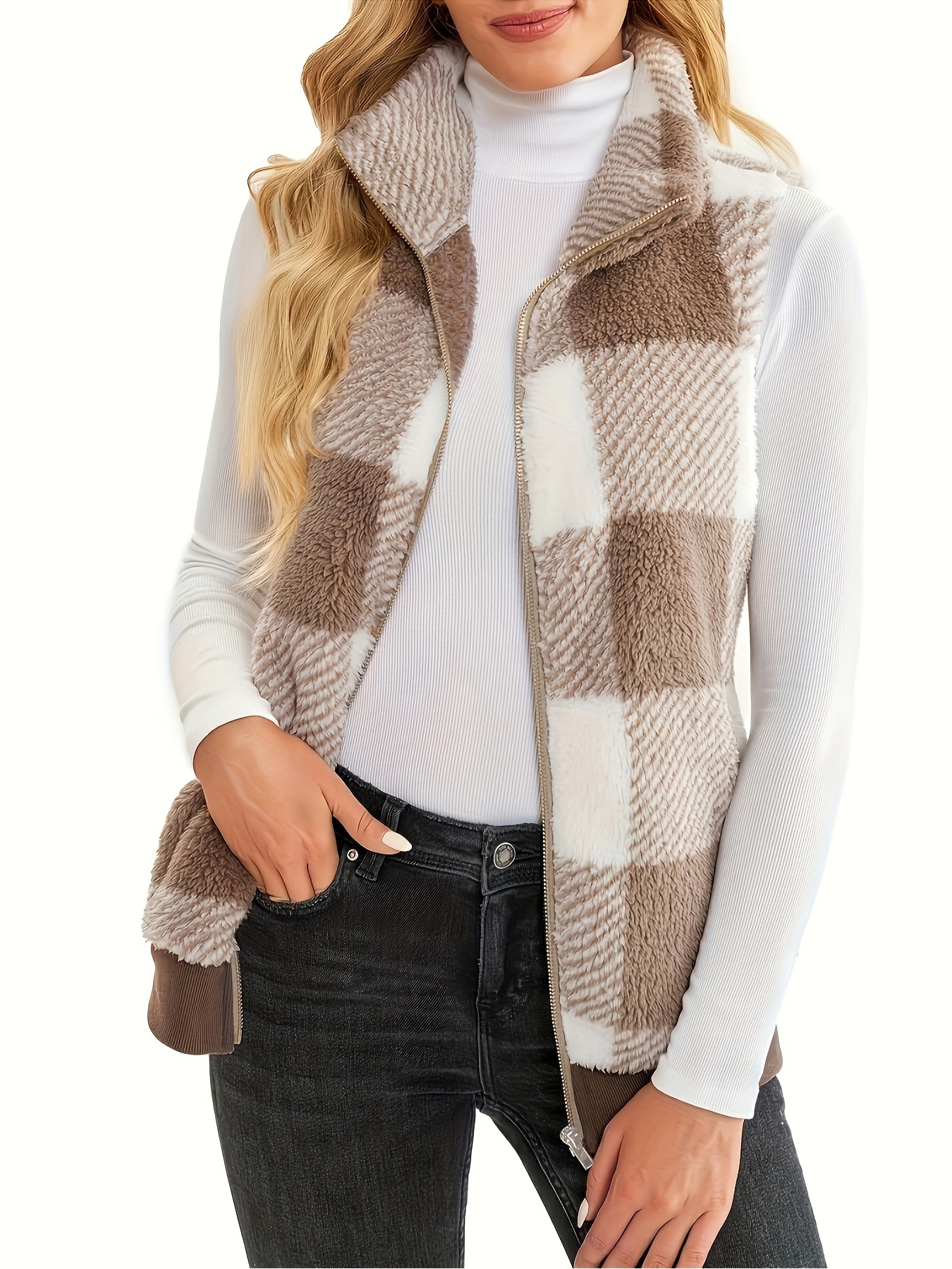 plaid stand collar teddy vest casual zip up sleeveless vest womens clothing details 7