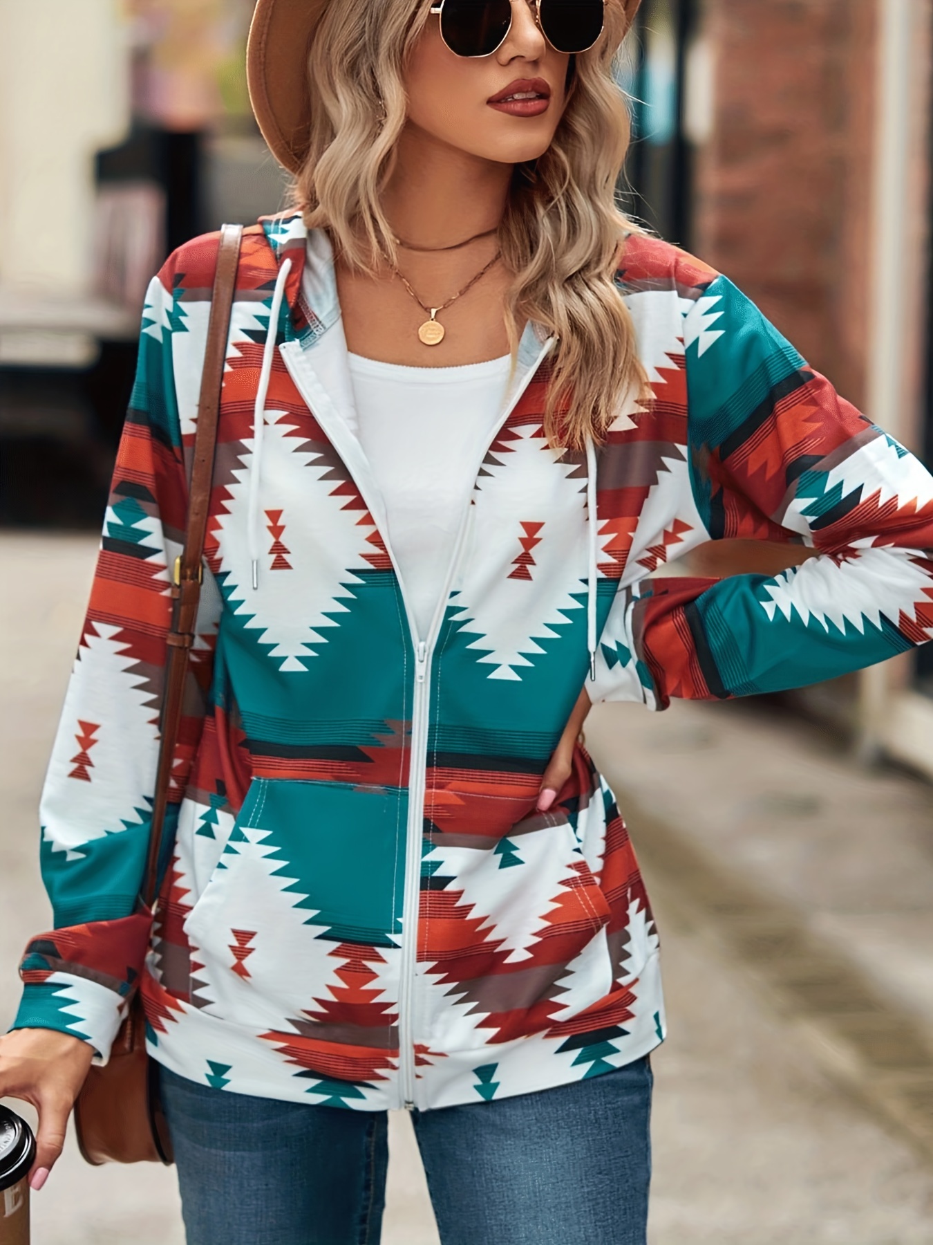 aztec print zip up jacket casual drawstring hooded long sleeve outerwear womens clothing details 32