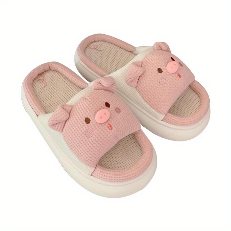cute cartoon pig slippers open toe memory foam slip on indoor shoes comfort platform linen slippers details 3
