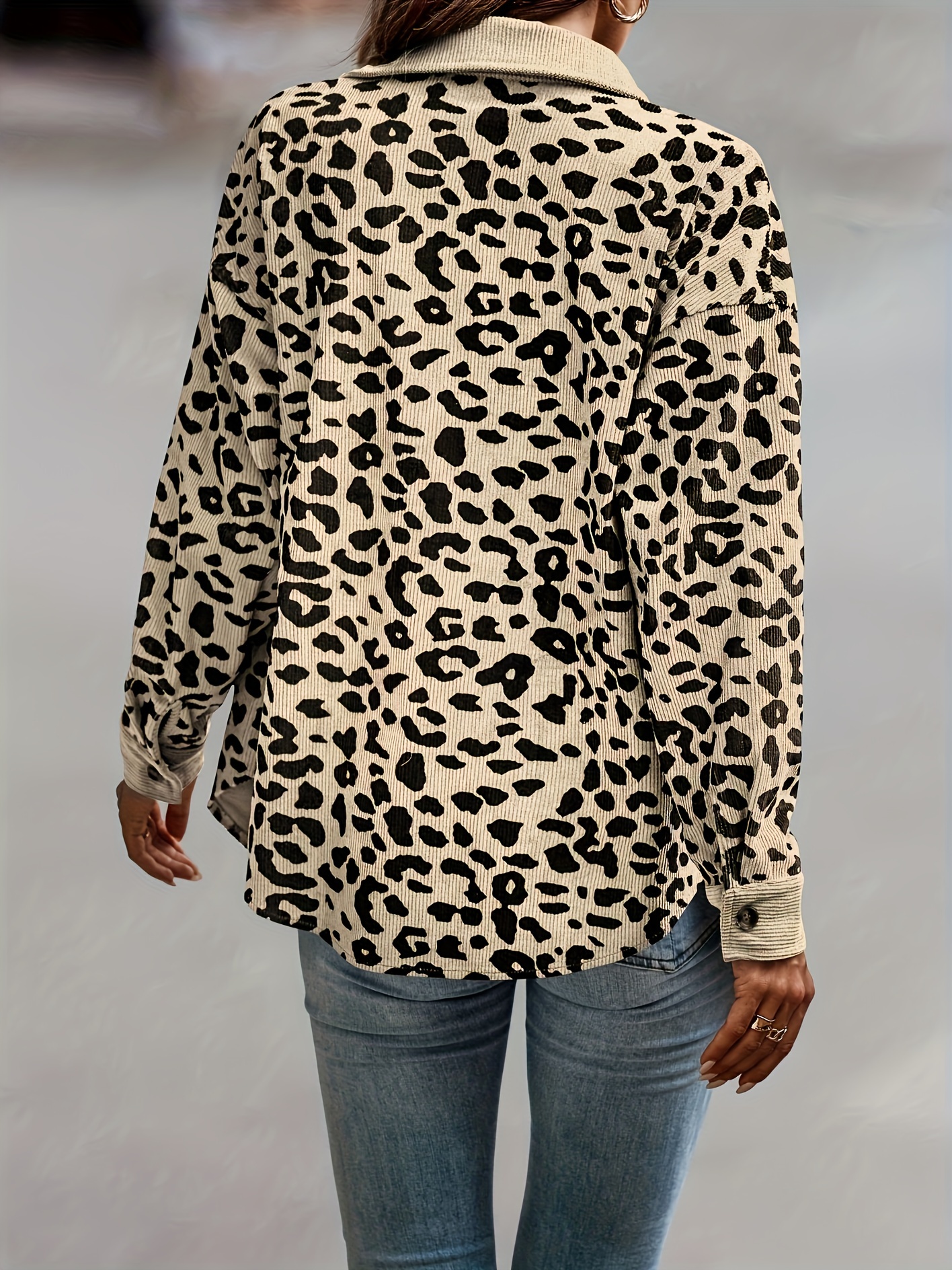 leopard print button front jacket casual long sleeve jacket for fall winter womens clothing details 46