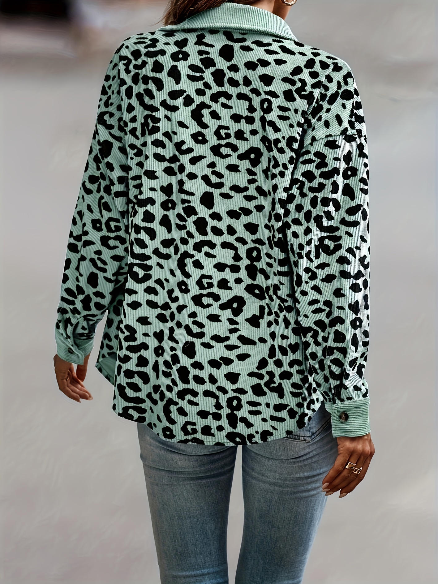 leopard print button front jacket casual long sleeve jacket for fall winter womens clothing details 36