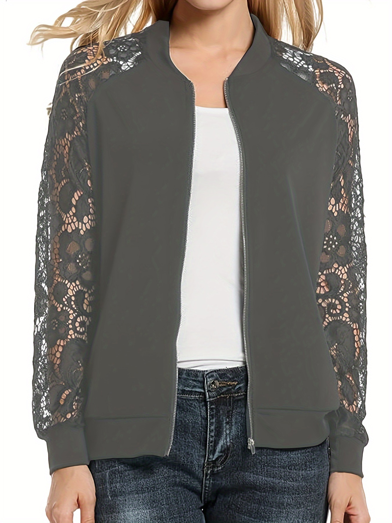 zip up lace panel jacket casual long sleeve jacket womens clothing details 5