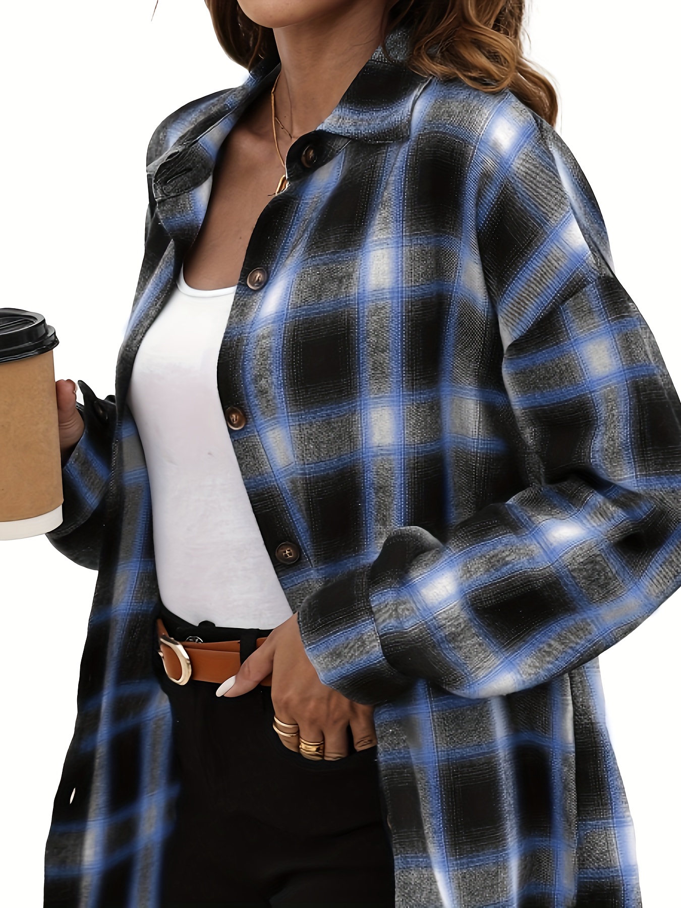 plaid pattern shacket jacket casual button front long sleeve outerwear womens clothing details 16