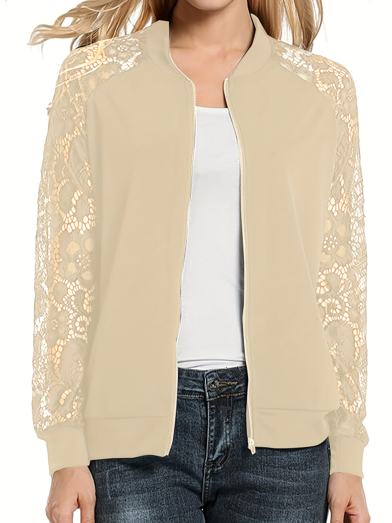 zip up lace panel jacket casual long sleeve jacket womens clothing details 8