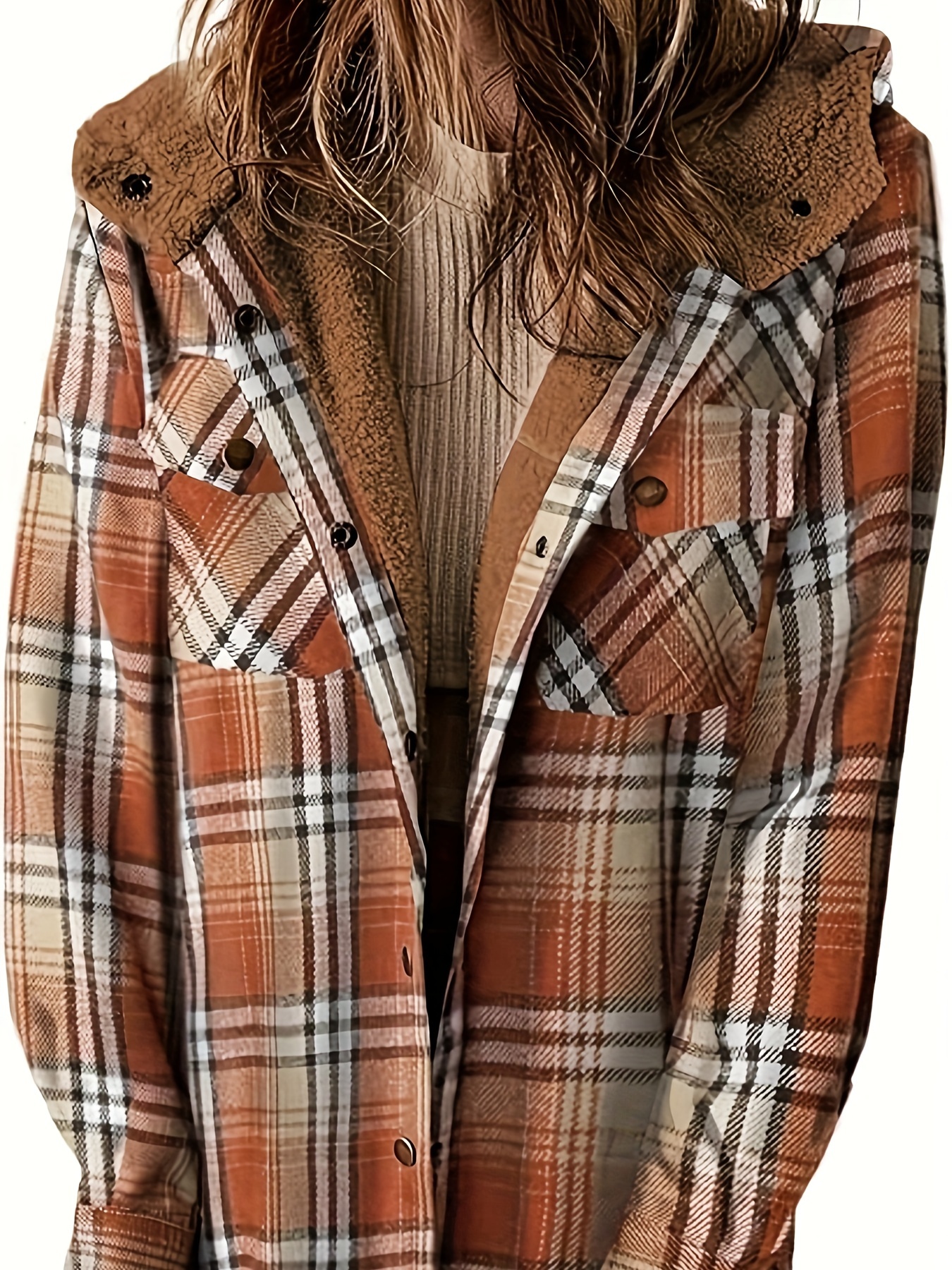 plaid pattern zip up jacket casual hooded long sleeve warm outwear womens clothing details 27