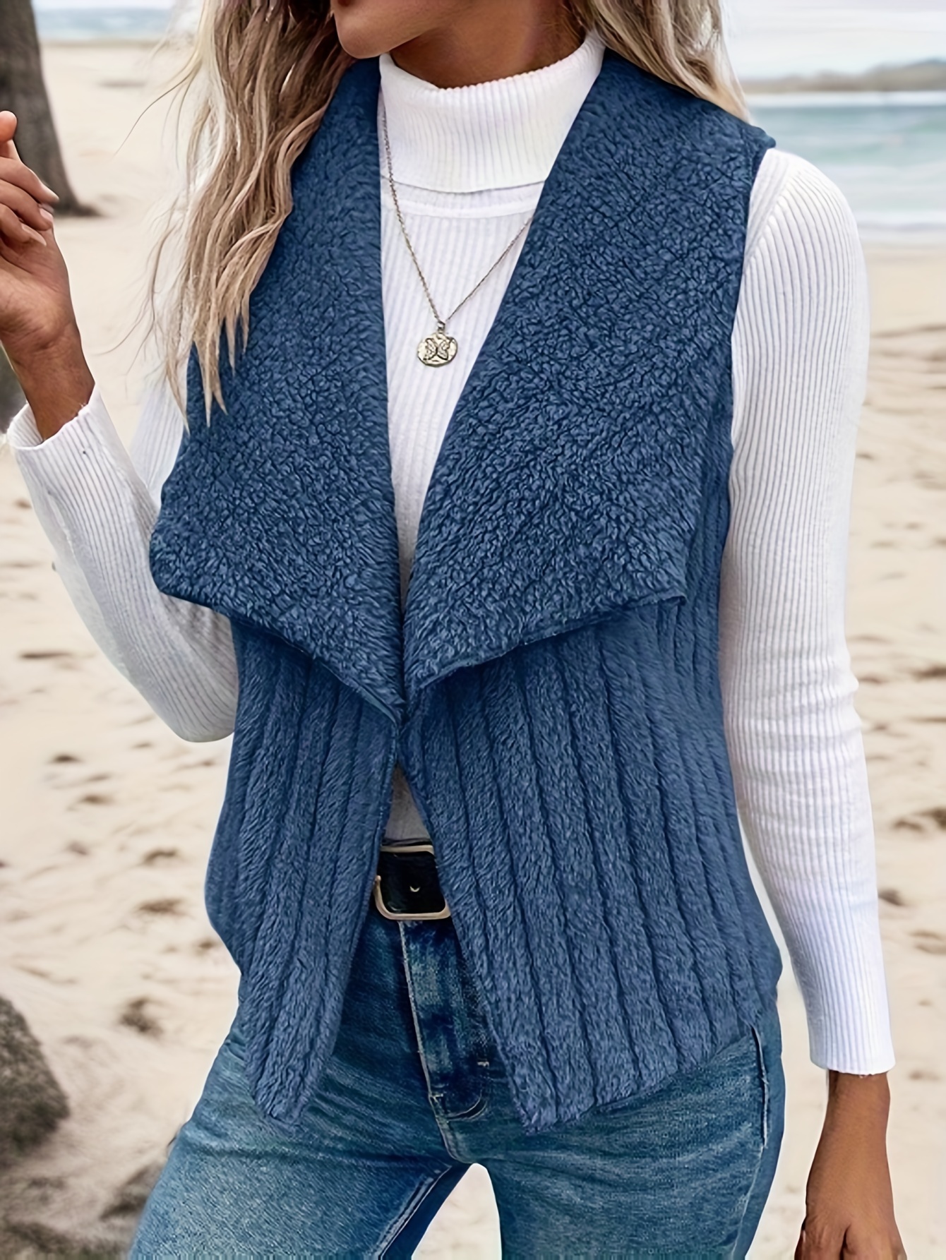 waterfall collar fuzzy vest elegant open front sleeveless vest womens clothing details 23