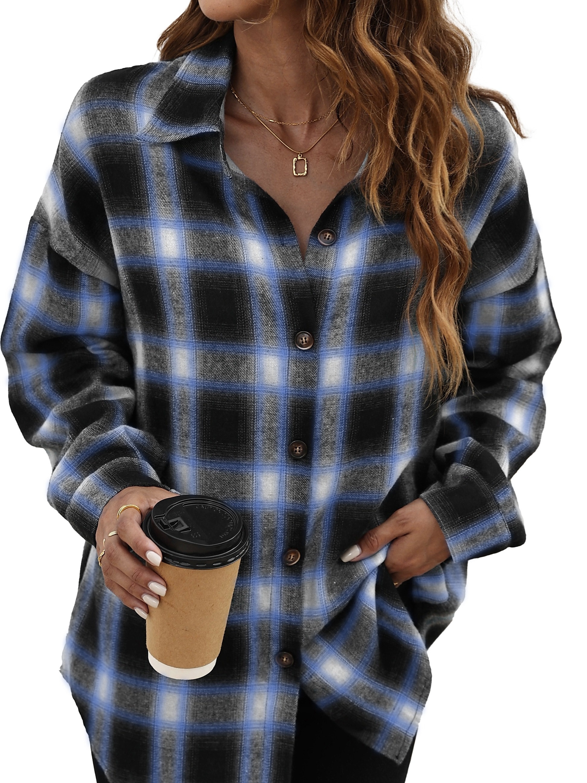 plaid pattern shacket jacket casual button front long sleeve outerwear womens clothing details 17